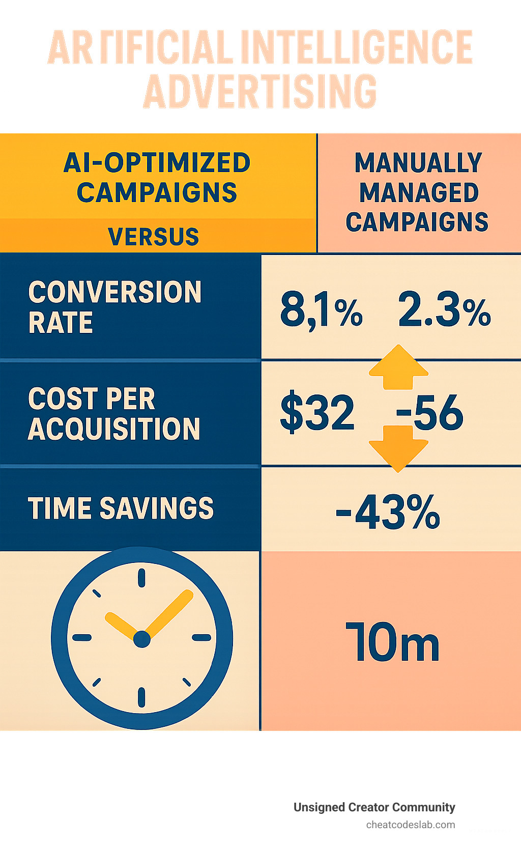 Comparison table showing performance metrics between AI-optimized campaigns versus manually managed campaigns, including conversion rates, cost per acquisition, and time savings - artificial intelligence advertising infographic 