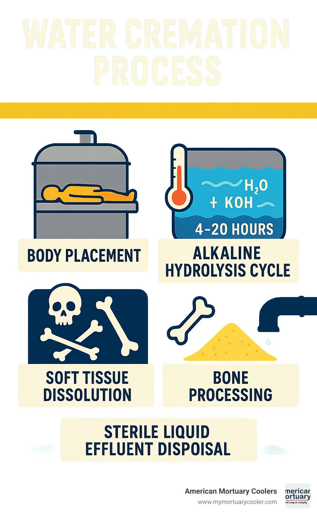 Infographic showing water cremation process timeline: body placement in stainless steel vessel, 4-20 hour alkaline hydrolysis cycle at 300°F with water and potassium hydroxide solution, soft tissue dissolution leaving only bones, bone processing into fine powder, and sterile liquid effluent disposal - is water cremation better infographic 