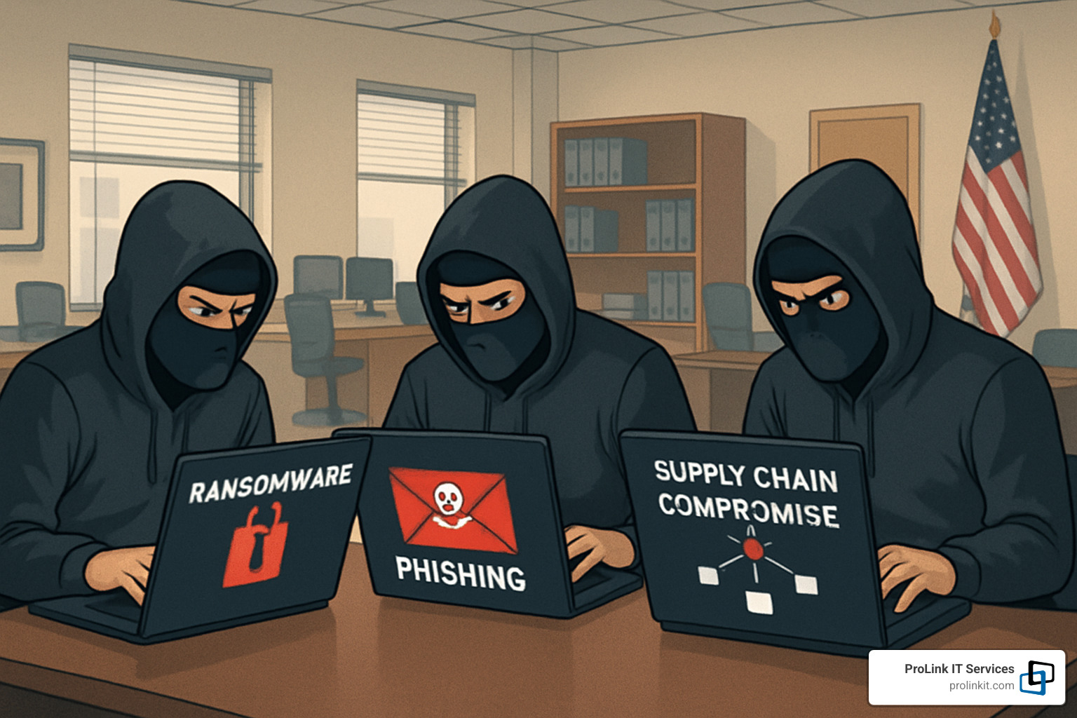 Cybercriminals at computers launching various types of attacks including ransomware, phishing, and supply chain compromises - cybersecurity solutions