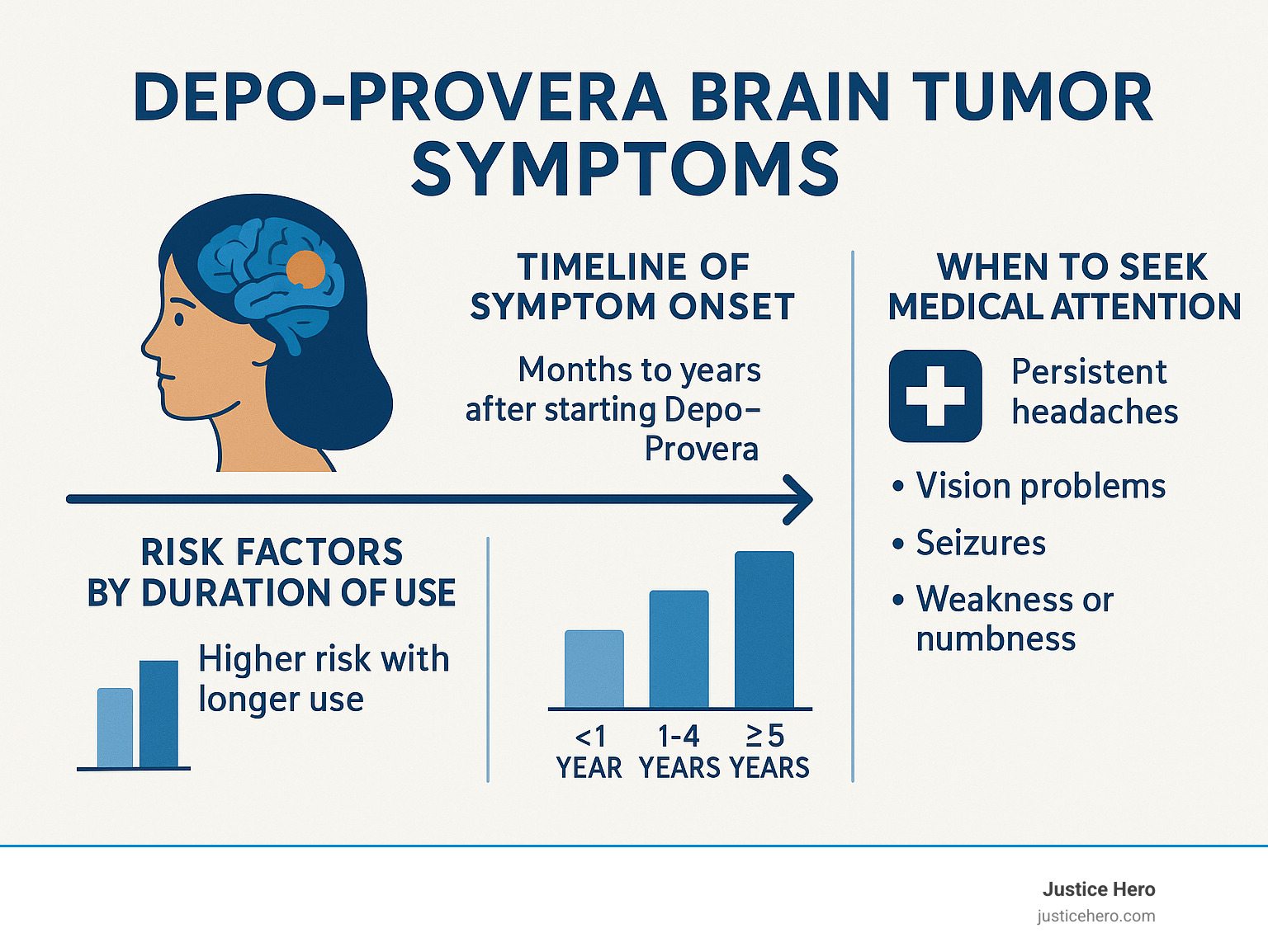 Detailed infographic showing timeline of Depo-Provera brain tumor symptom onset, risk factors by duration of use, and when to seek medical attention - depo-provera brain tumor symptoms infographic Detailed infographic showing timeline of Depo-Provera brain tumor symptom onset, risk factors by duration of use, and when to seek medical attention - depo-provera brain tumor symptoms infographic