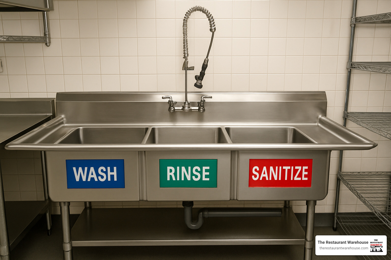 Three-compartment commercial sink setup showing wash, rinse, and sanitize stations - commercial sinks for restaurants