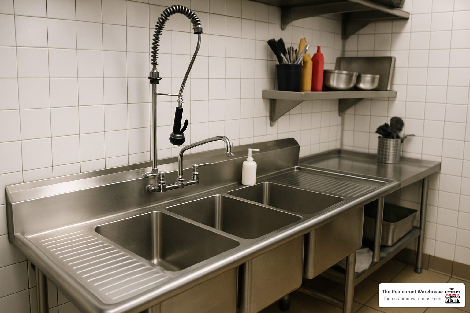 Commercial kitchen sink with accessories including pre-rinse spray, soap dispenser, and drainboards - commercial sinks for restaurants