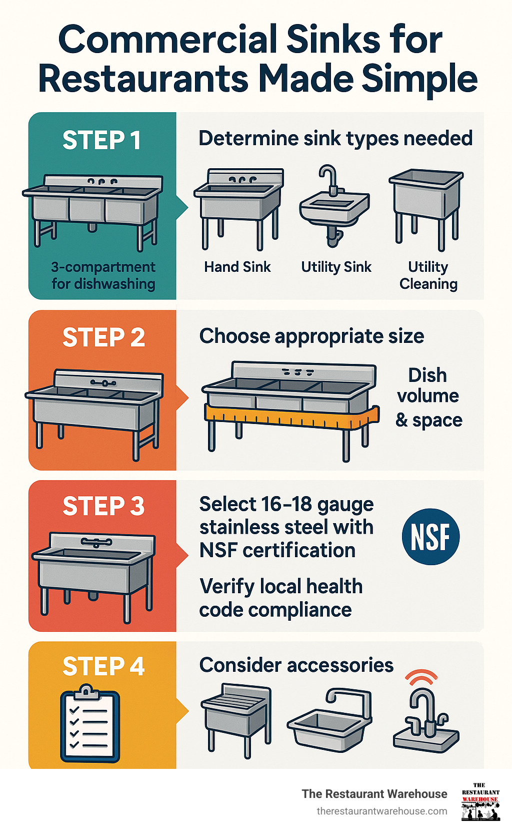 Infographic showing commercial sink selection process: Step 1 - Determine sink types needed (3-compartment for dishwashing, hand sinks for prep areas, utility sinks for cleaning), Step 2 - Choose appropriate size based on dish volume and space, Step 3 - Select 16-18 gauge stainless steel with NSF certification, Step 4 - Verify local health code compliance, Step 5 - Consider accessories like drainboards and electronic faucets - commercial sinks for restaurants infographic