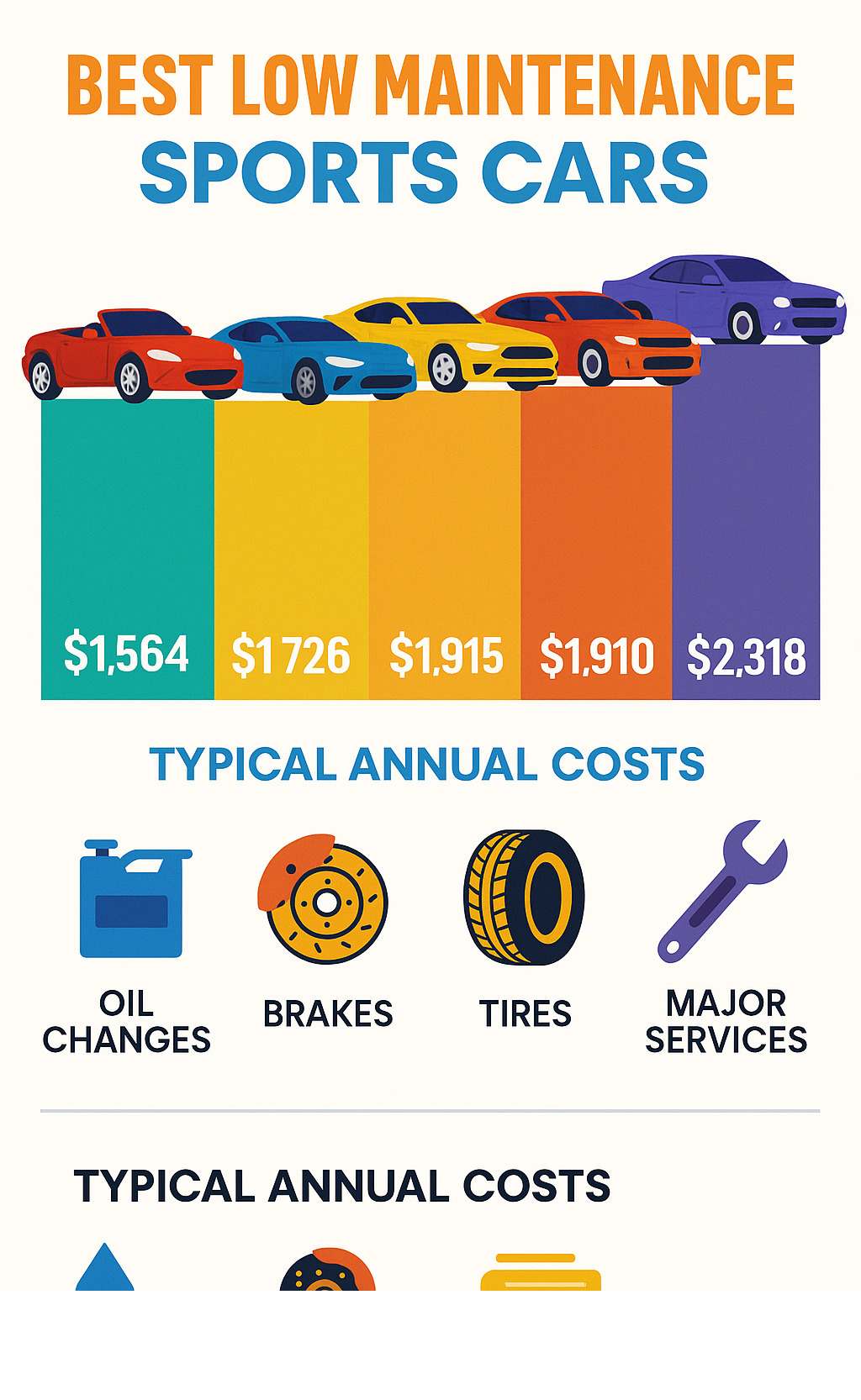 Infographic ranking 5-year maintenance costs with visual comparison showing Miata at $1,564, GR86/BRZ at $1,726, Mustang at $1,915, Camaro at $1,910, and Challenger at $2,318, including breakdown of typical annual costs for oil changes, brakes, tires, and major services - best low maintenance sports cars infographic 