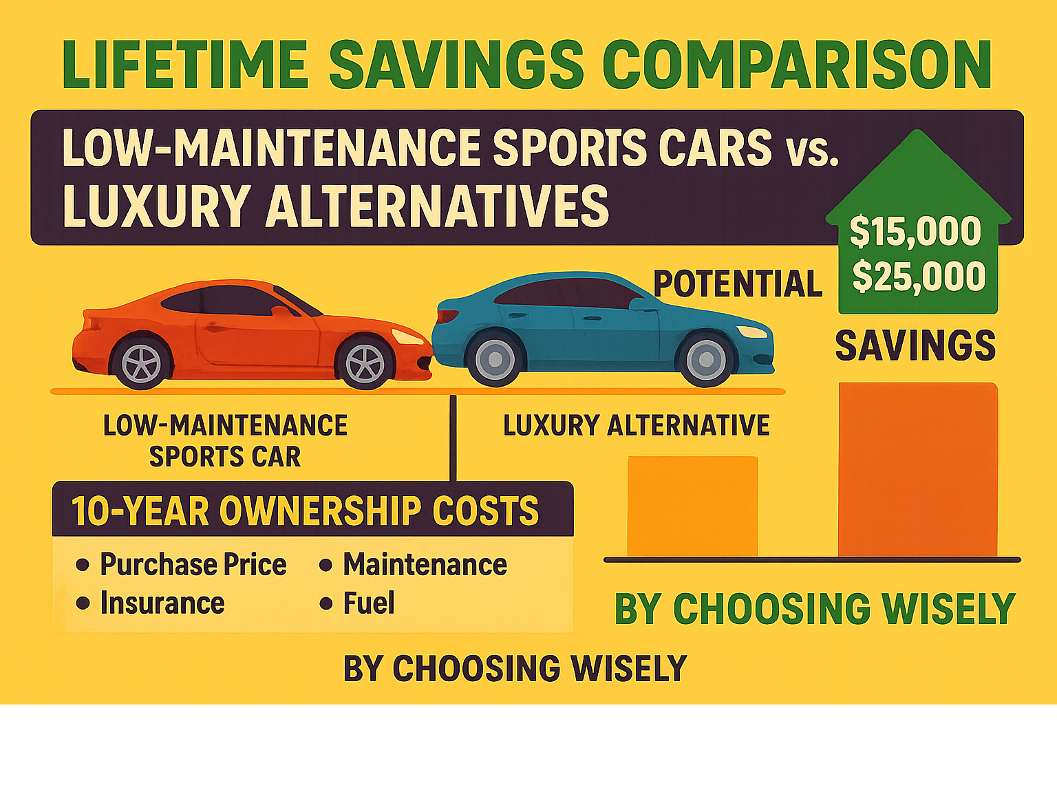 Infographic showing lifetime savings comparison between low-maintenance sports cars and luxury alternatives, featuring 10-year ownership costs including purchase price, maintenance, insurance, and fuel, demonstrating potential savings of $15,000-25,000 by choosing wisely - best low maintenance sports cars infographic 