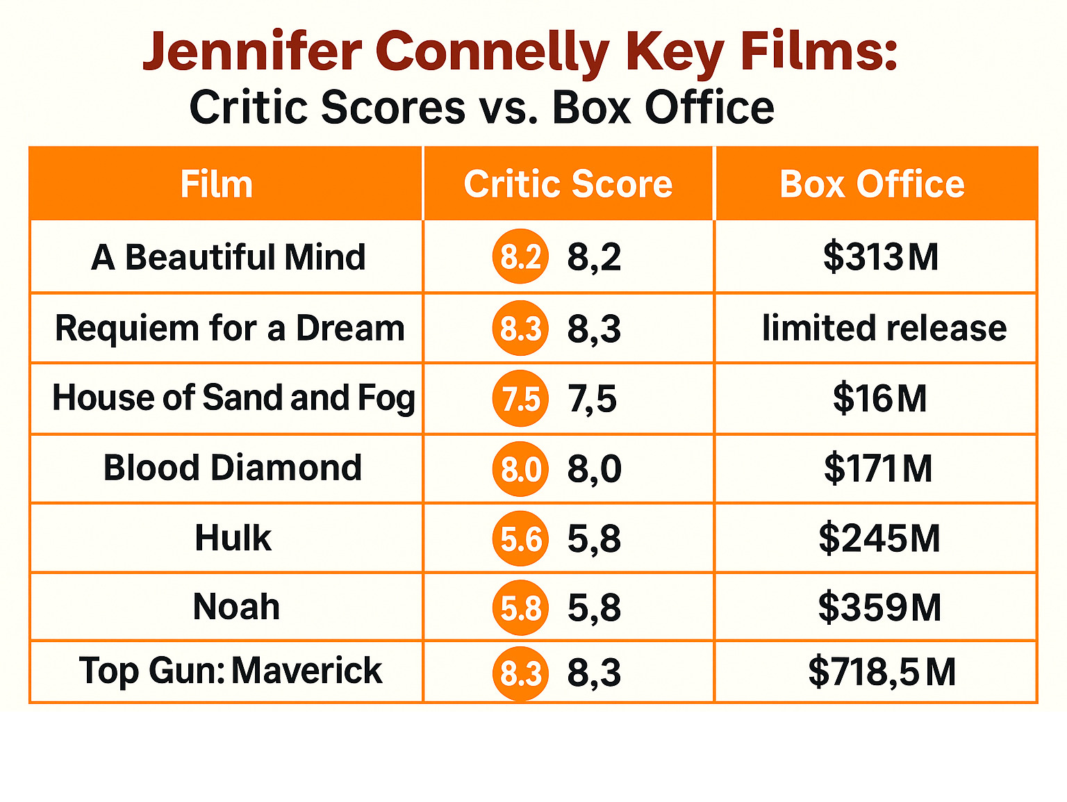 Table comparing Jennifer Connelly's key films showing critic scores versus box office performance, including A Beautiful Mind 8.2 IMDb/$313M worldwide, Requiem for a Dream 8.3 IMDb/limited release, House of Sand and Fog 7.5 IMDb/$16M, Blood Diamond 8.0 IMDb/$171M, Hulk 5.6 IMDb/$245M, Noah 5.8 IMDb/$359M, Top Gun Maverick 8.3 IMDb/$718.5M - jennifer connelly infographic Table comparing Jennifer Connelly's key films showing critic scores versus box office performance, including A Beautiful Mind 8.2 IMDb/$313M worldwide, Requiem for a Dream 8.3 IMDb/limited release, House of Sand and Fog 7.5 IMDb/$16M, Blood Diamond 8.0 IMDb/$171M, Hulk 5.6 IMDb/$245M, Noah 5.8 IMDb/$359M, Top Gun Maverick 8.3 IMDb/$718.5M - jennifer connelly infographic