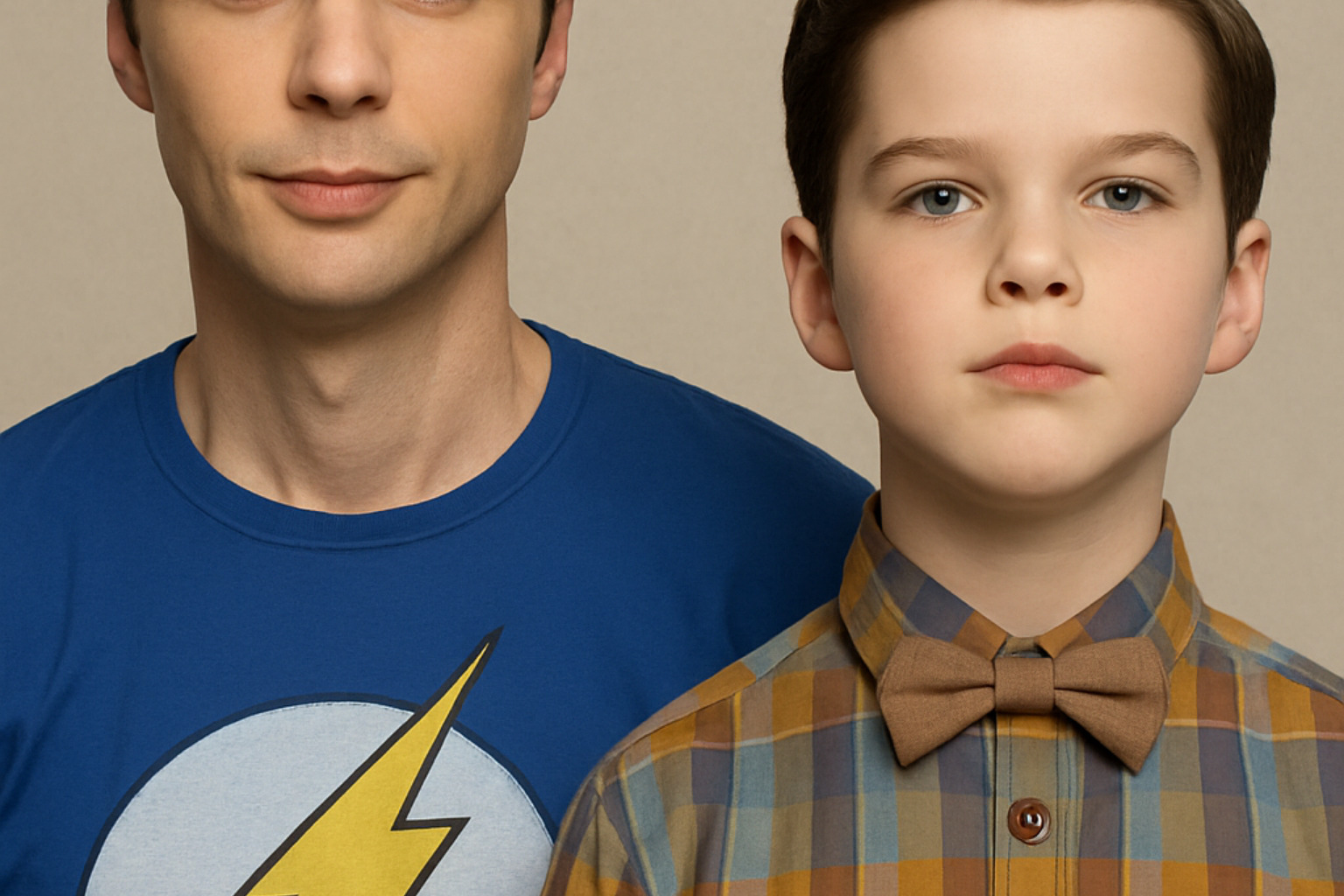 Side-by-side image of adult Sheldon (Jim Parsons) and young Sheldon (Iain Armitage) - young sheldon cast