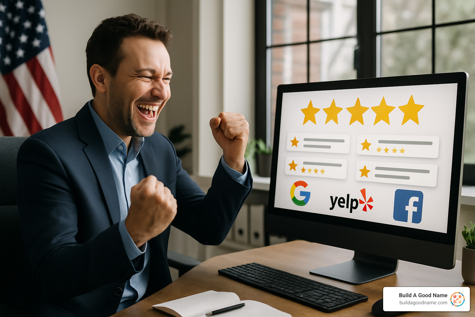 business owner celebrating improved star ratings and positive reviews on multiple platforms - reputation management tools