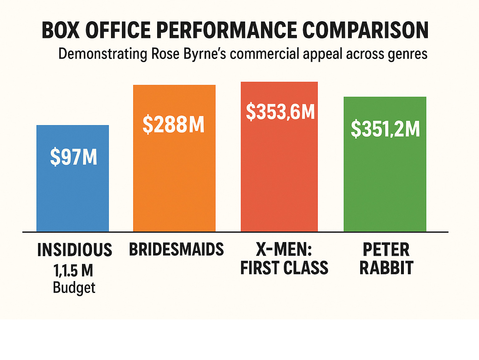 Box office performance comparison showing Insidious ($97M from $1.5M budget), Bridesmaids ($288M), X-Men First Class ($353.6M), and Peter Rabbit ($351.2M) demonstrating Rose Byrne's commercial appeal across genres - rose byrne infographic Box office performance comparison showing Insidious ($97M from $1.5M budget), Bridesmaids ($288M), X-Men First Class ($353.6M), and Peter Rabbit ($351.2M) demonstrating Rose Byrne's commercial appeal across genres - rose byrne infographic