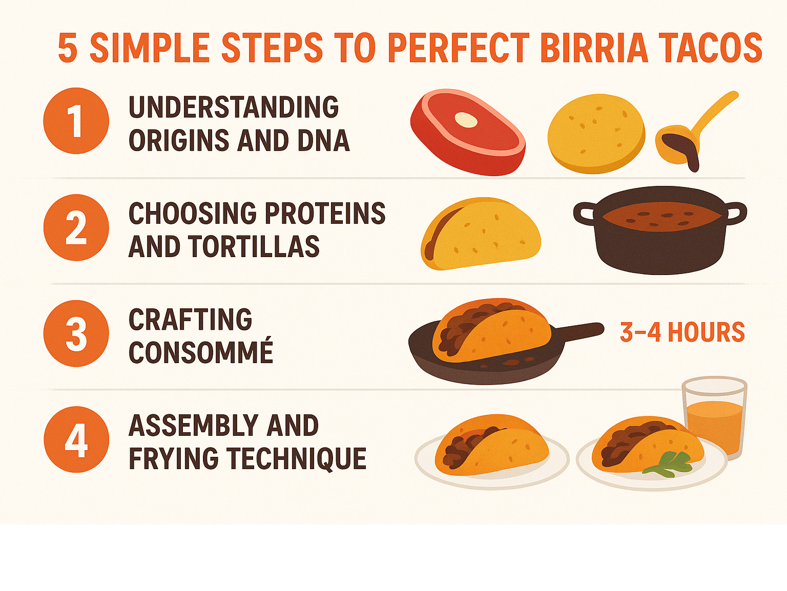 Infographic summarizing the 5 simple steps to perfect birria tacos: Step 1 - Understanding origins and DNA, Step 2 - Choosing proteins and tortillas, Step 3 - Crafting consommé, Step 4 - Assembly and frying technique, Step 5 - Serving and pairing, with visual icons and timing guides for each step - birria tacos infographic Infographic summarizing the 5 simple steps to perfect birria tacos: Step 1 - Understanding origins and DNA, Step 2 - Choosing proteins and tortillas, Step 3 - Crafting consommé, Step 4 - Assembly and frying technique, Step 5 - Serving and pairing, with visual icons and timing guides for each step - birria tacos infographic