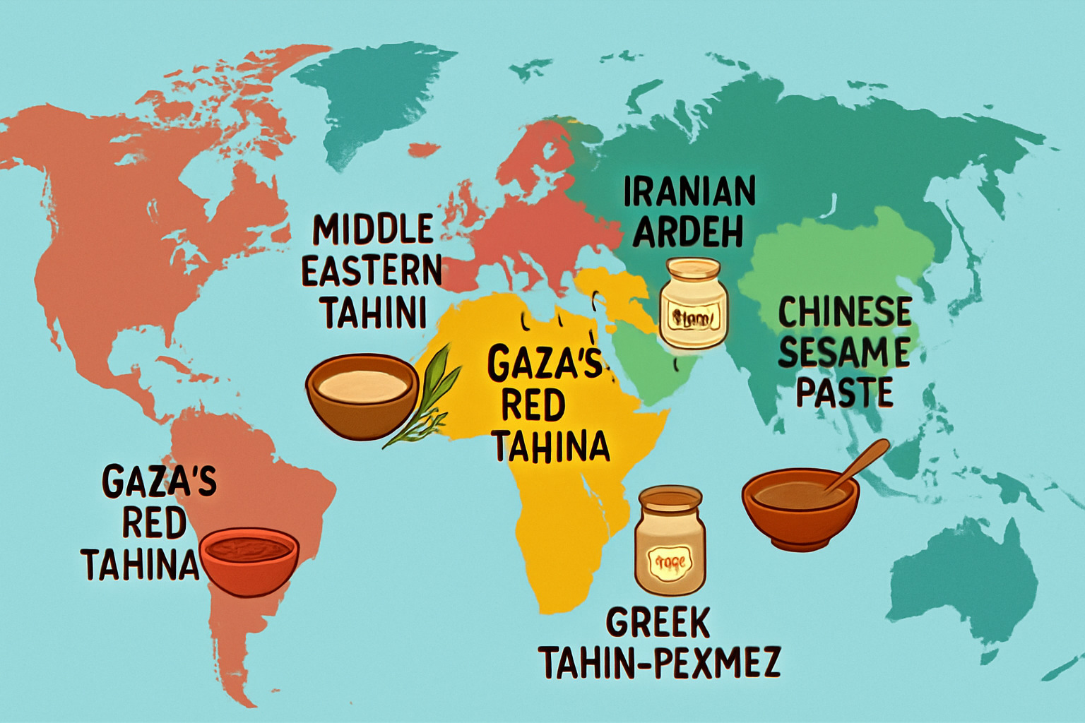 World map showing different tahini variations and regional specialties - tahini