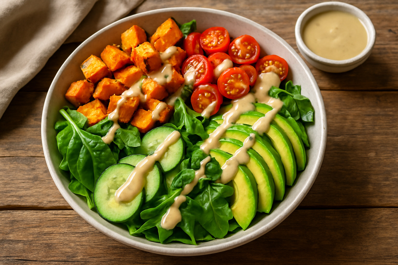 Buddha bowl with colorful vegetables and tahini dressing drizzled on top - tahini