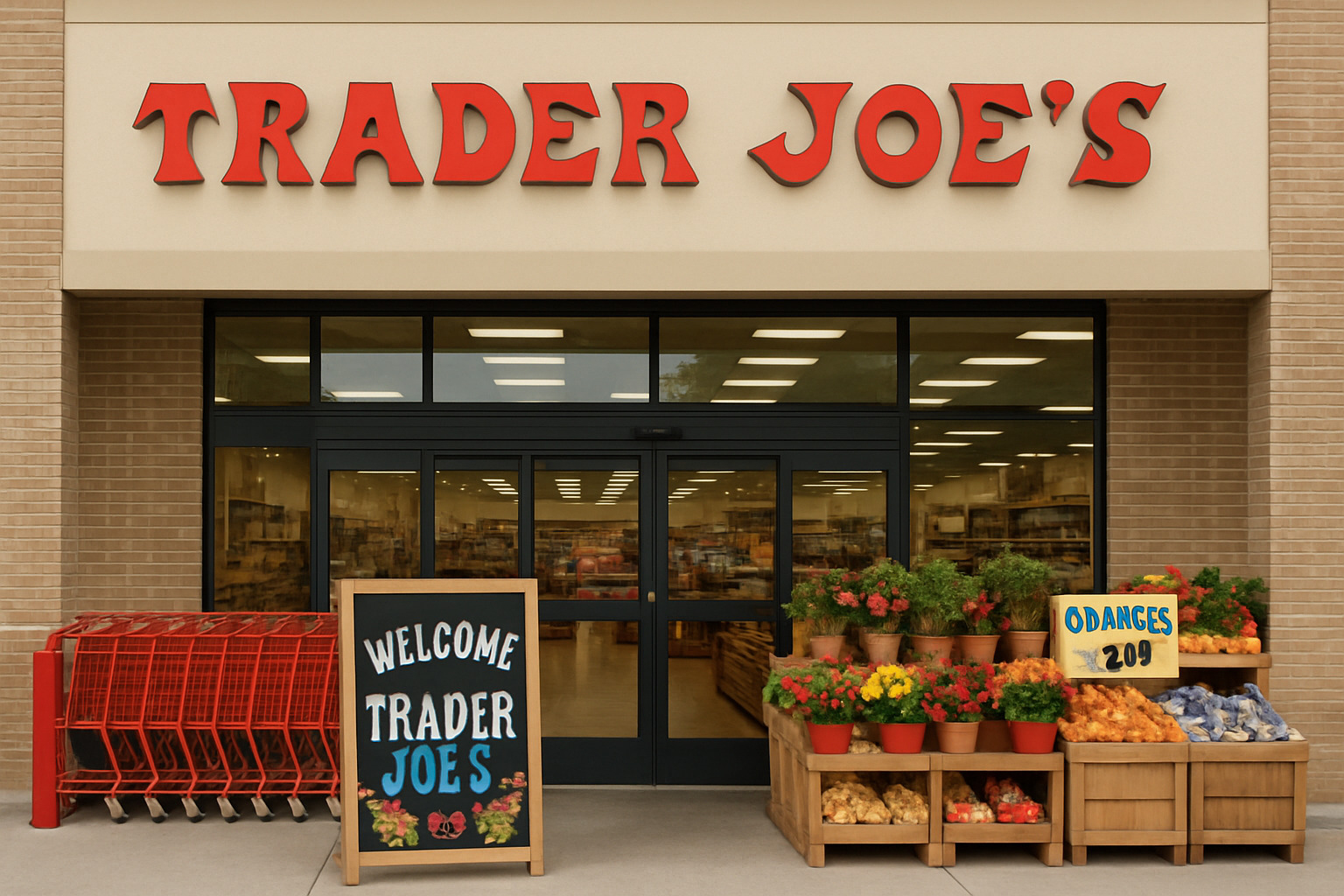 Vibrant Trader Joe's aisle with colorful displays and friendly crew members helping customers - trader joe's
