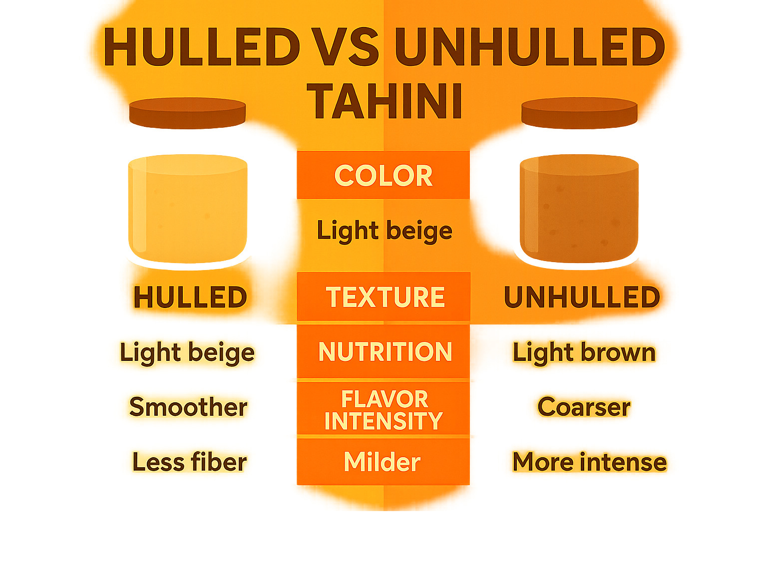 Comparison chart showing hulled vs unhulled tahini differences in color, texture, nutrition, and flavor intensity - tahini infographic 