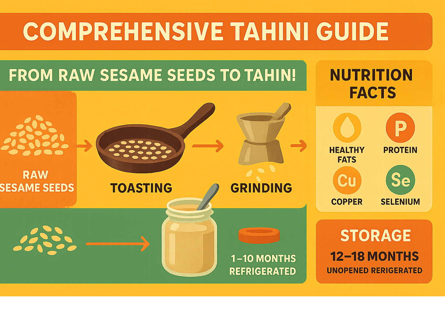 Comprehensive tahini guide showing the journey from raw sesame seeds through toasting, grinding, and final paste consistency, including nutritional breakdown and storage recommendations - tahini infographic 
