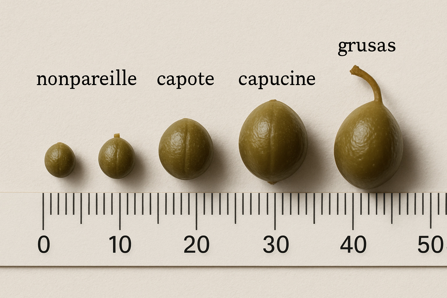 Different sizes of capers arranged on a ruler showing the gradation from tiny nonpareil to large grusas - capers