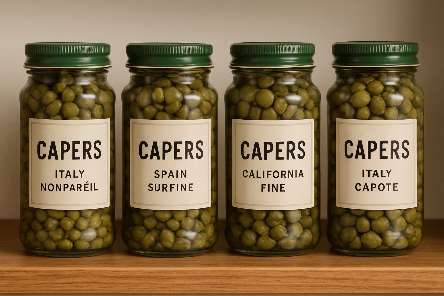 Jars of capers arranged in a pantry with labels showing different origins and sizes - capers
