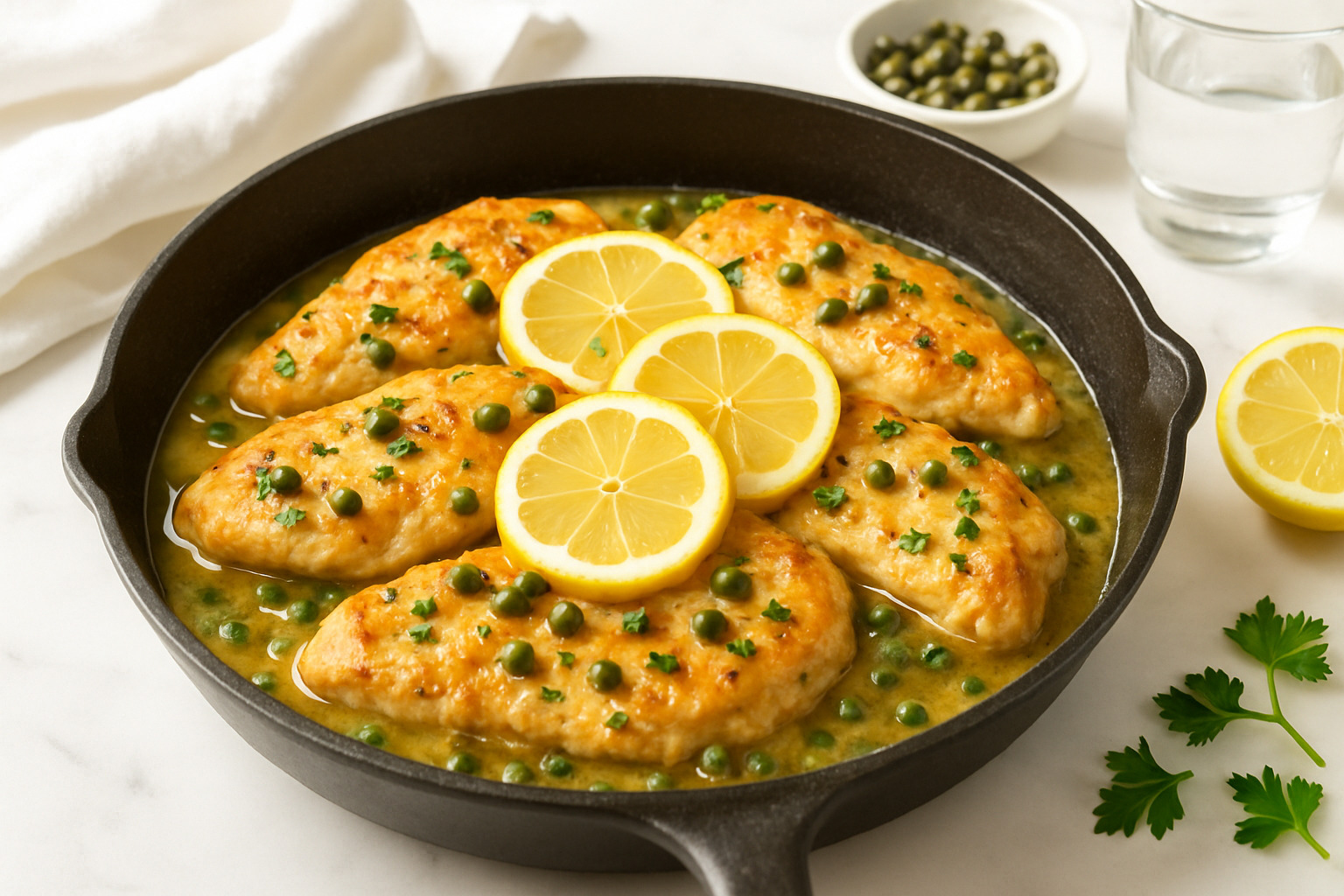 A skillet of golden chicken piccata with capers and lemon sauce - capers