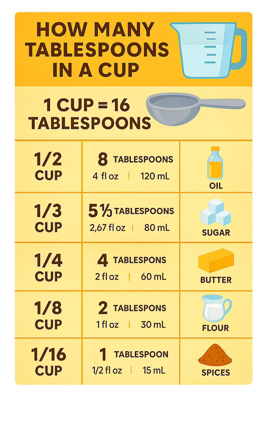 Detailed conversion chart showing tablespoons to cups with fractional measurements, US customary and metric equivalents, and common cooking ingredients - how many tablespoons in a cup infographic 