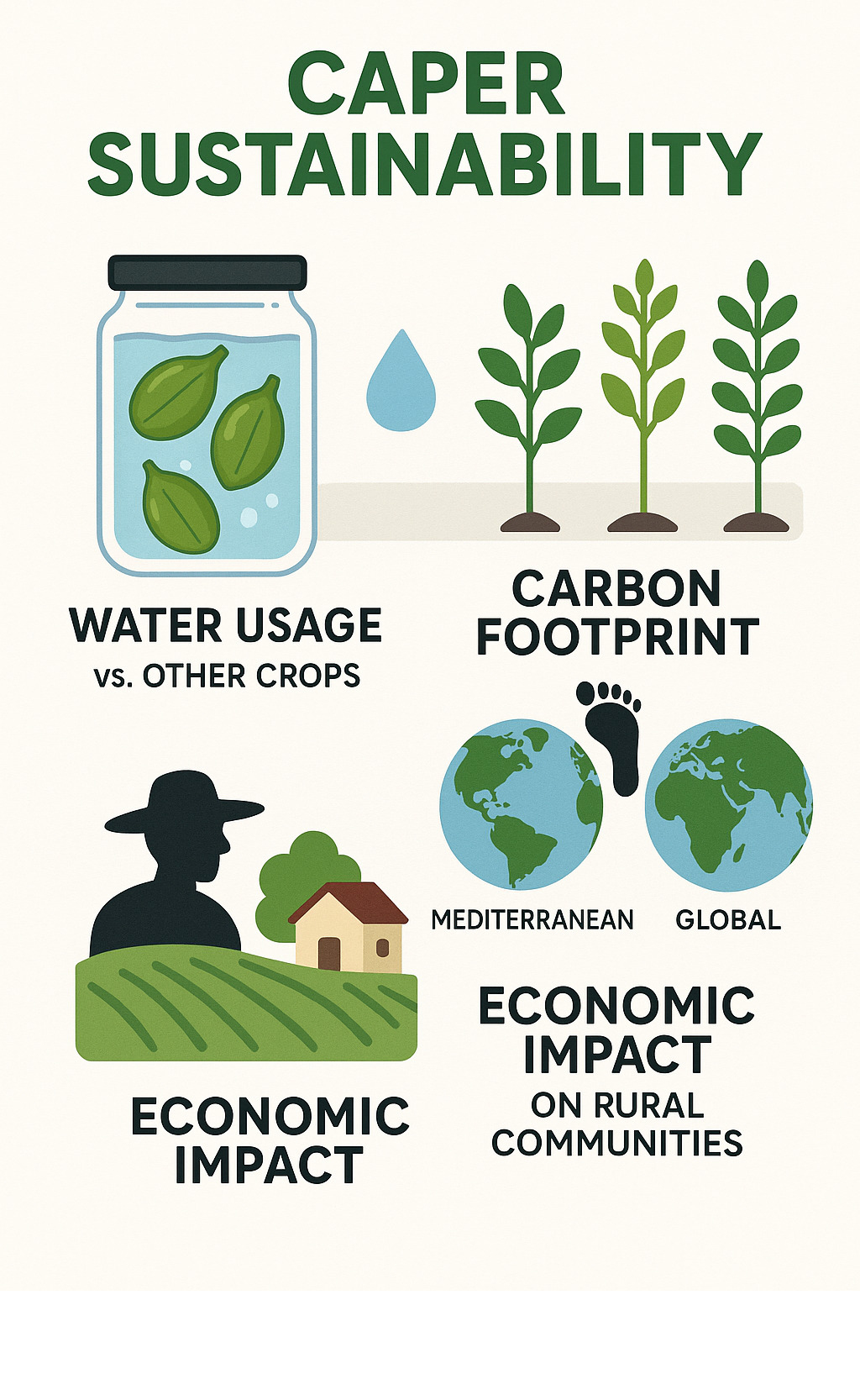 Infographic showing caper sustainability metrics: water usage compared to other crops, carbon footprint of Mediterranean vs global production, and economic impact on rural communities - capers infographic 
