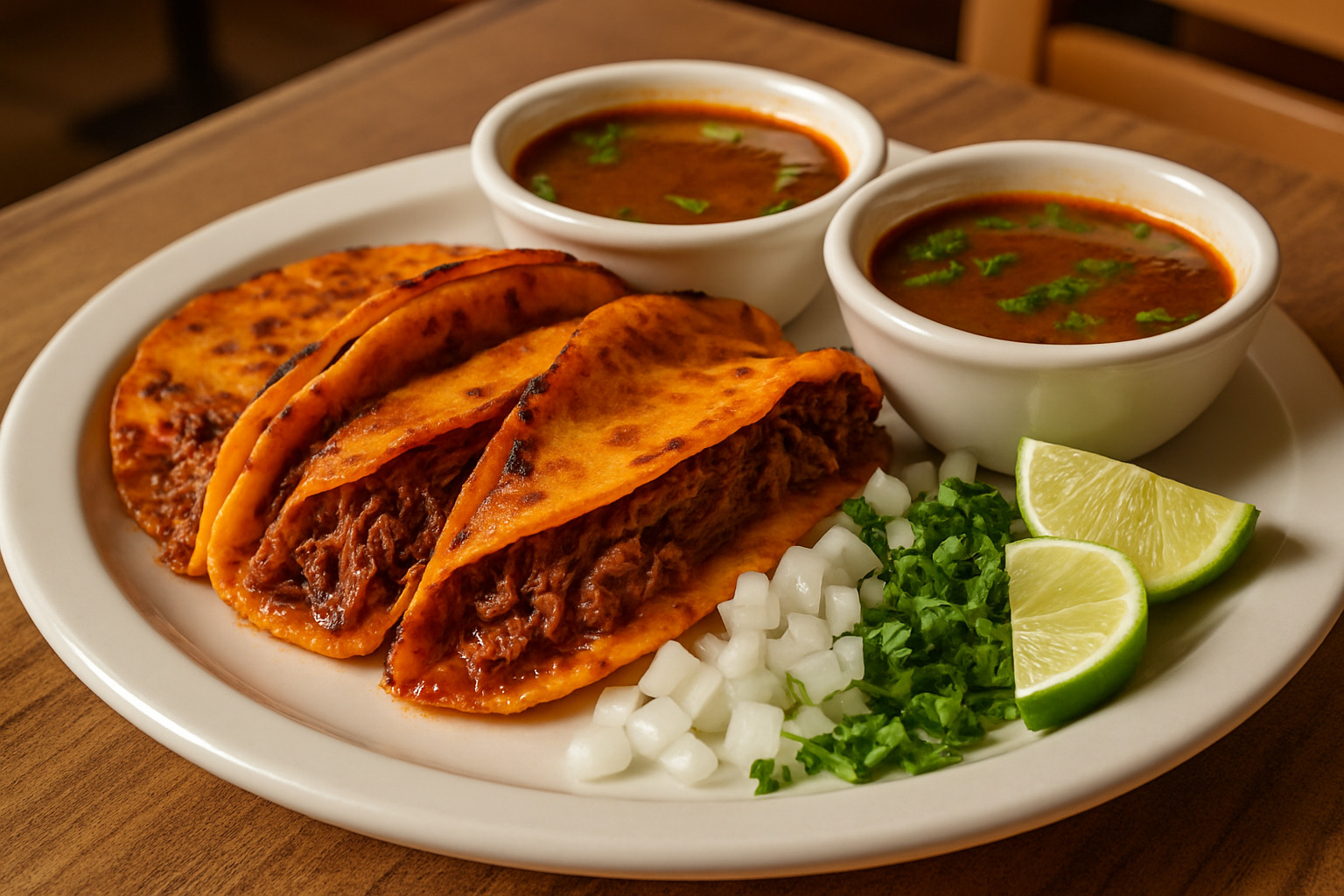 plated birria tacos with consommé bowls and garnishes - birria tacos plated birria tacos with consommé bowls and garnishes - birria tacos