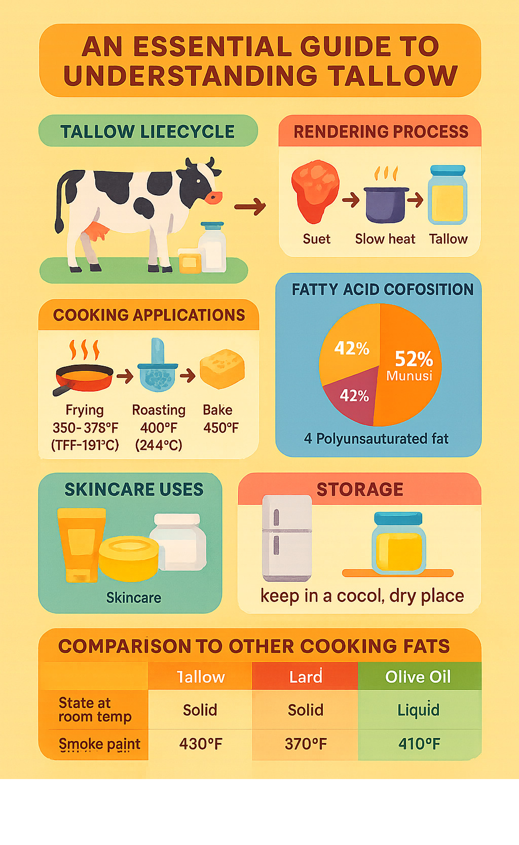 Comprehensive infographic showing the complete tallow lifecycle from farm animal to final products, including rendering process steps, nutritional breakdown with fatty acid percentages, cooking applications with temperature ranges, skincare uses, storage methods, and comparison chart with other cooking fats like lard and olive oil - tallow infographic 