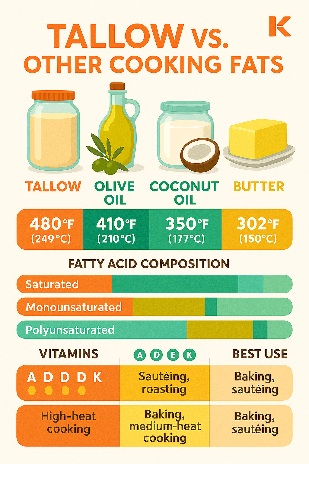 Detailed nutritional comparison chart showing tallow versus other cooking fats including olive oil, coconut oil, and butter, displaying smoke points, fatty acid compositions, vitamin content, and best cooking applications - tallow infographic 