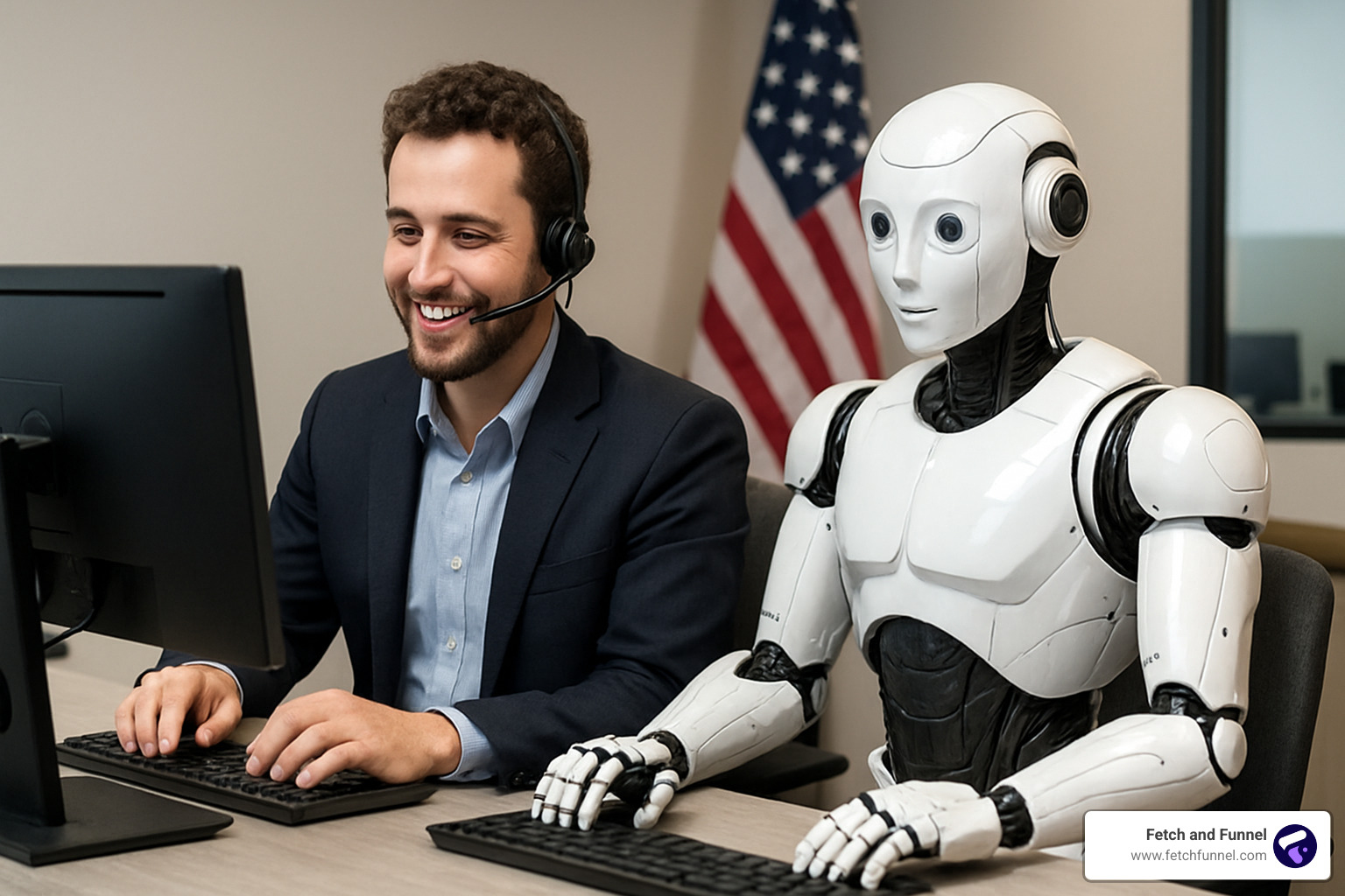 human and robot working together at a customer service desk - ai customer engagement