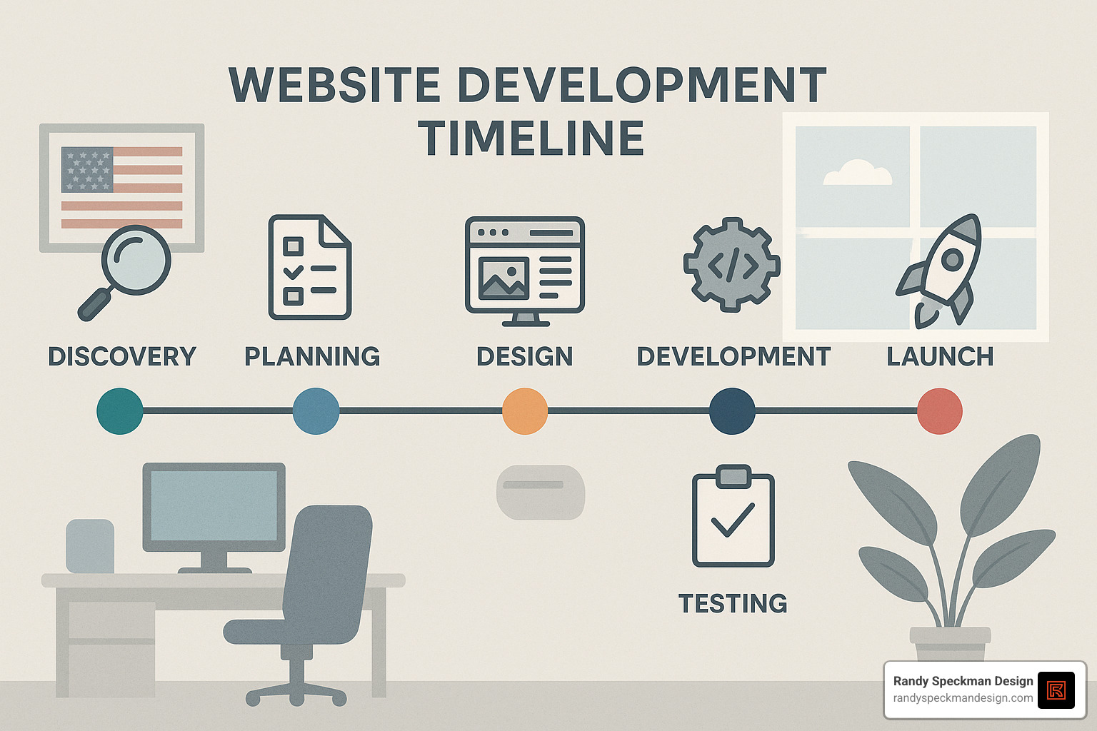 website development timeline showing phases from findy to launch - small business website development firm