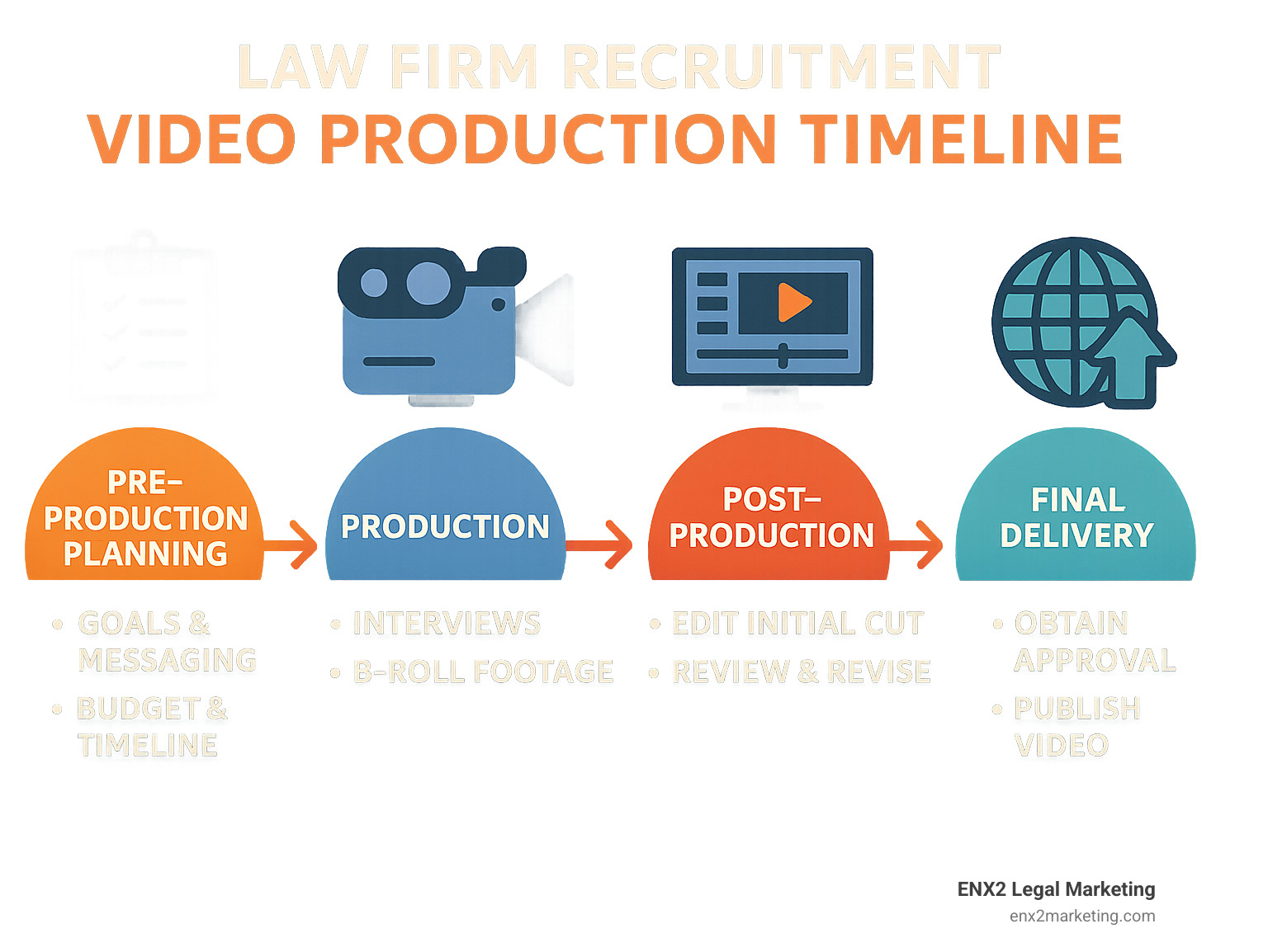 Detailed infographic showing law firm recruitment video production timeline from pre-production planning through final delivery, including key milestones and decision points - law firm recruitment video infographic 