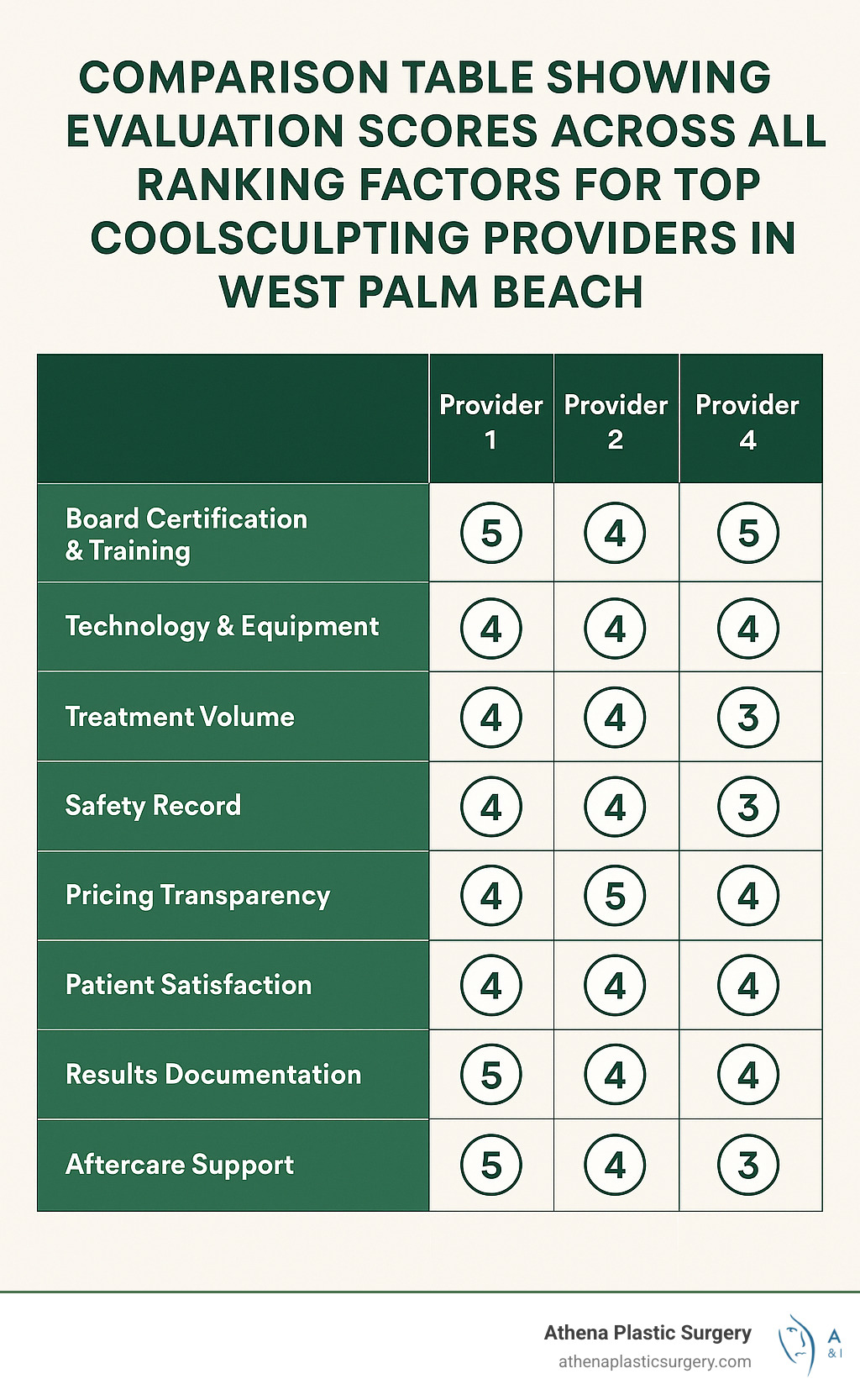 Comparison table showing evaluation scores across all ranking factors for top CoolSculpting providers in West Palm Beach - coolsculpting west palm beach infographic Comparison table showing evaluation scores across all ranking factors for top CoolSculpting providers in West Palm Beach - coolsculpting west palm beach infographic