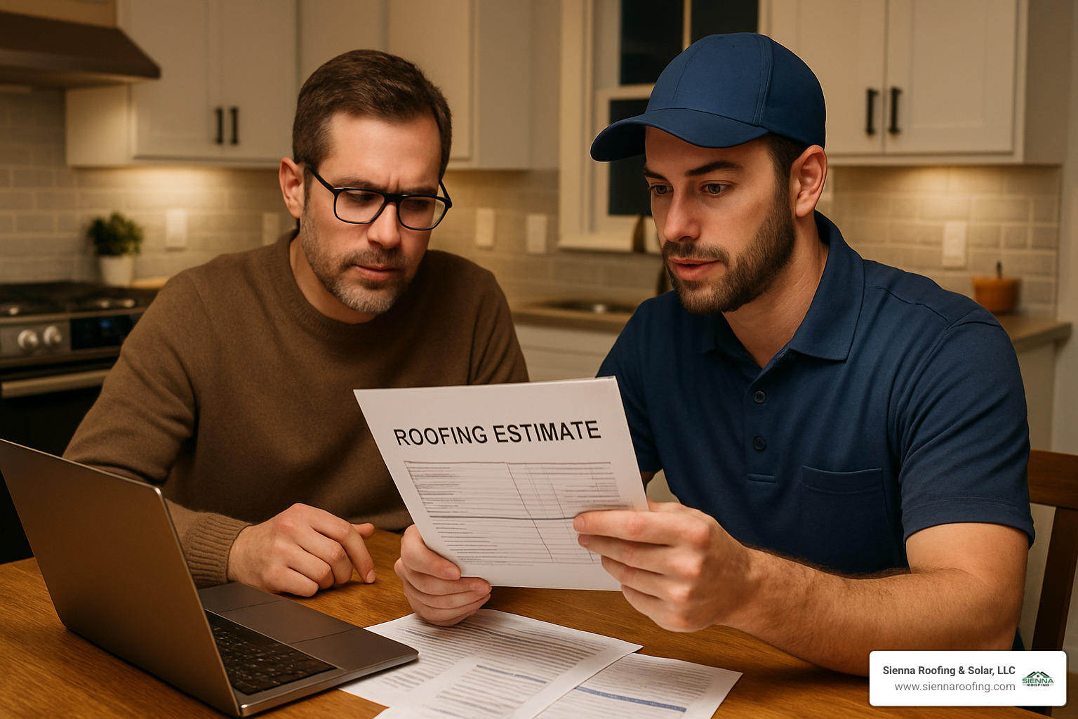 Homeowner carefully reviewing roofing estimate with contractor at kitchen table - roofing companies in katy tx