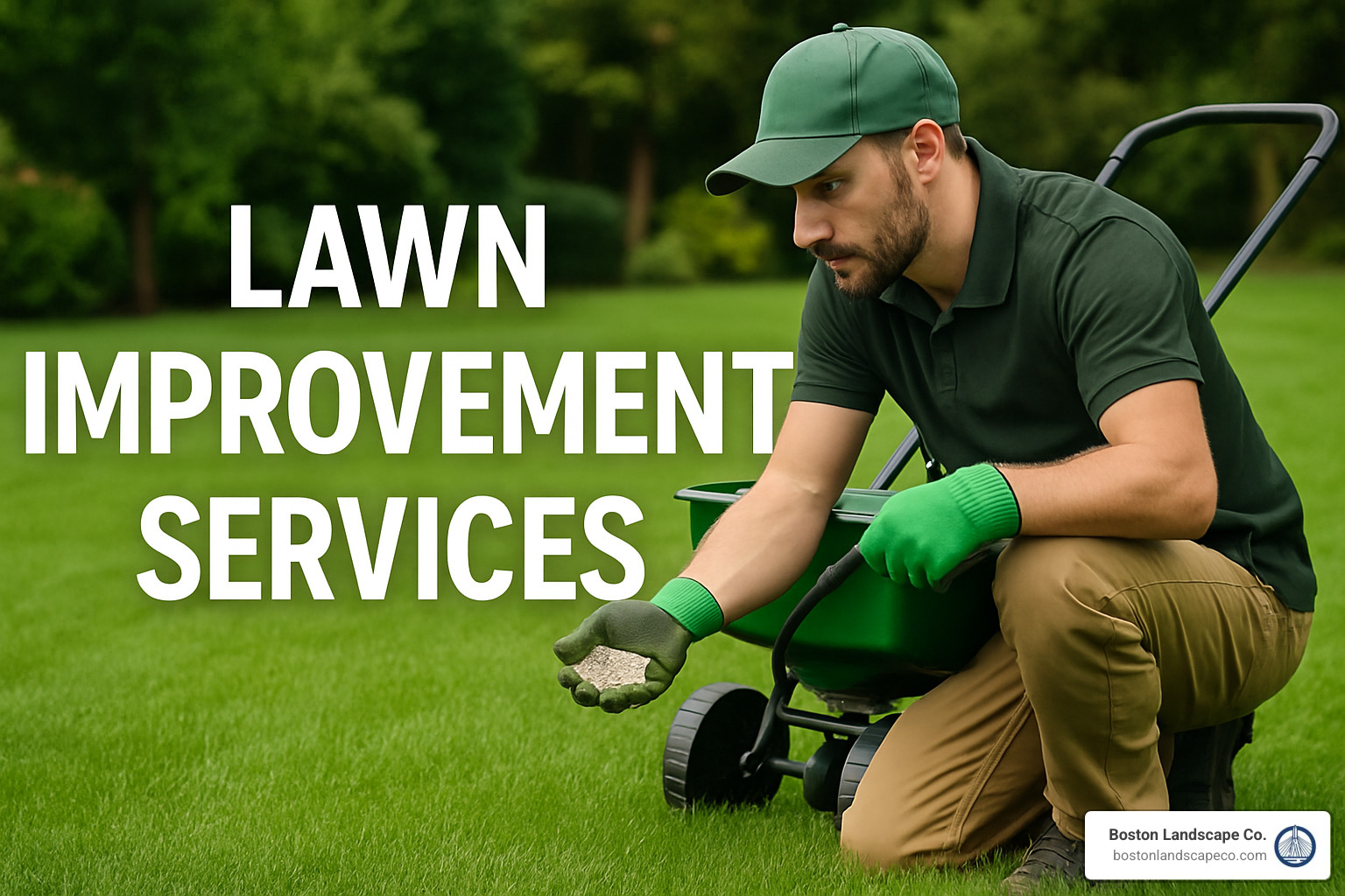 Bag of organic granular fertilizer with natural ingredient list and slow-release pellets visible - Lawn improvement services