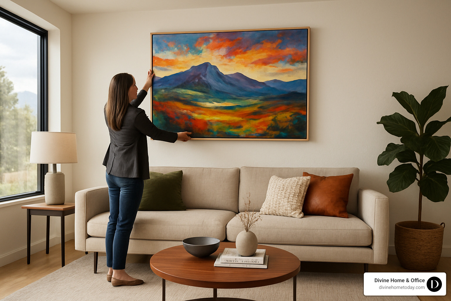 Designer setting up focal art piece in staged living room - Colorado home staging