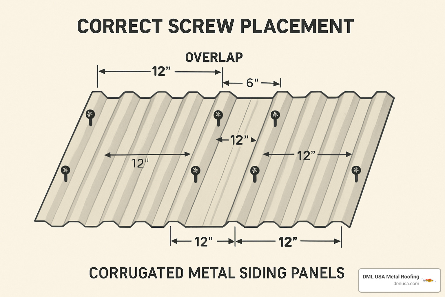 Detailed diagram showing proper screw placement pattern on corrugated metal panels - corrugated metal siding suppliers near me