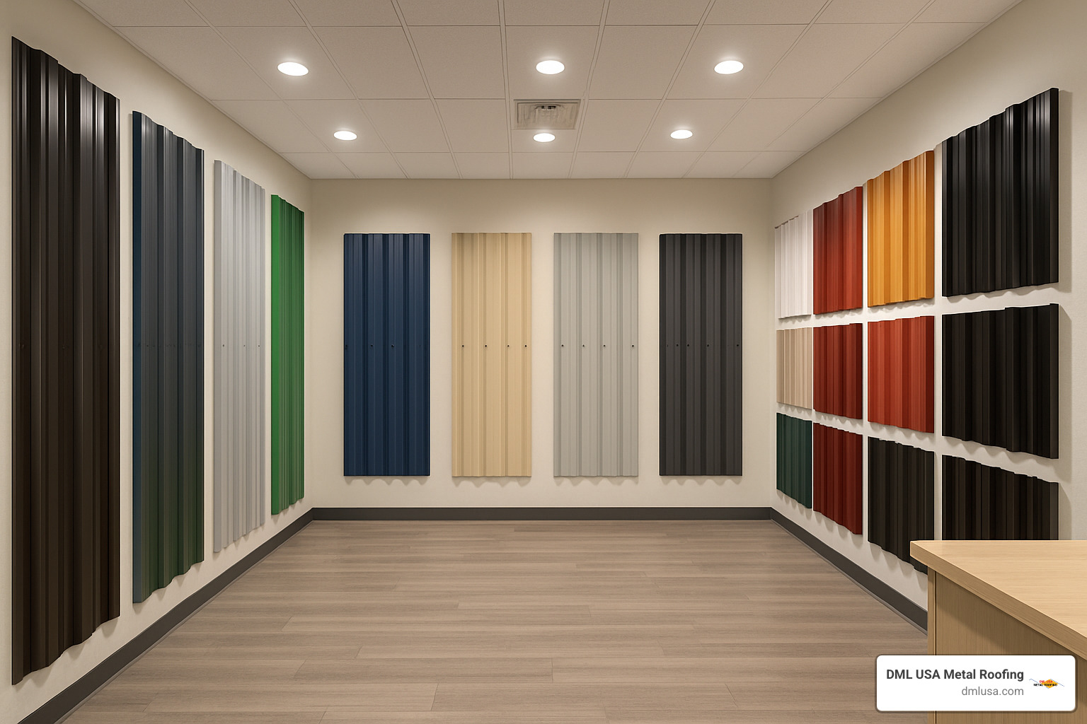 Modern showroom with metal siding samples displayed on walls - corrugated metal siding suppliers near me