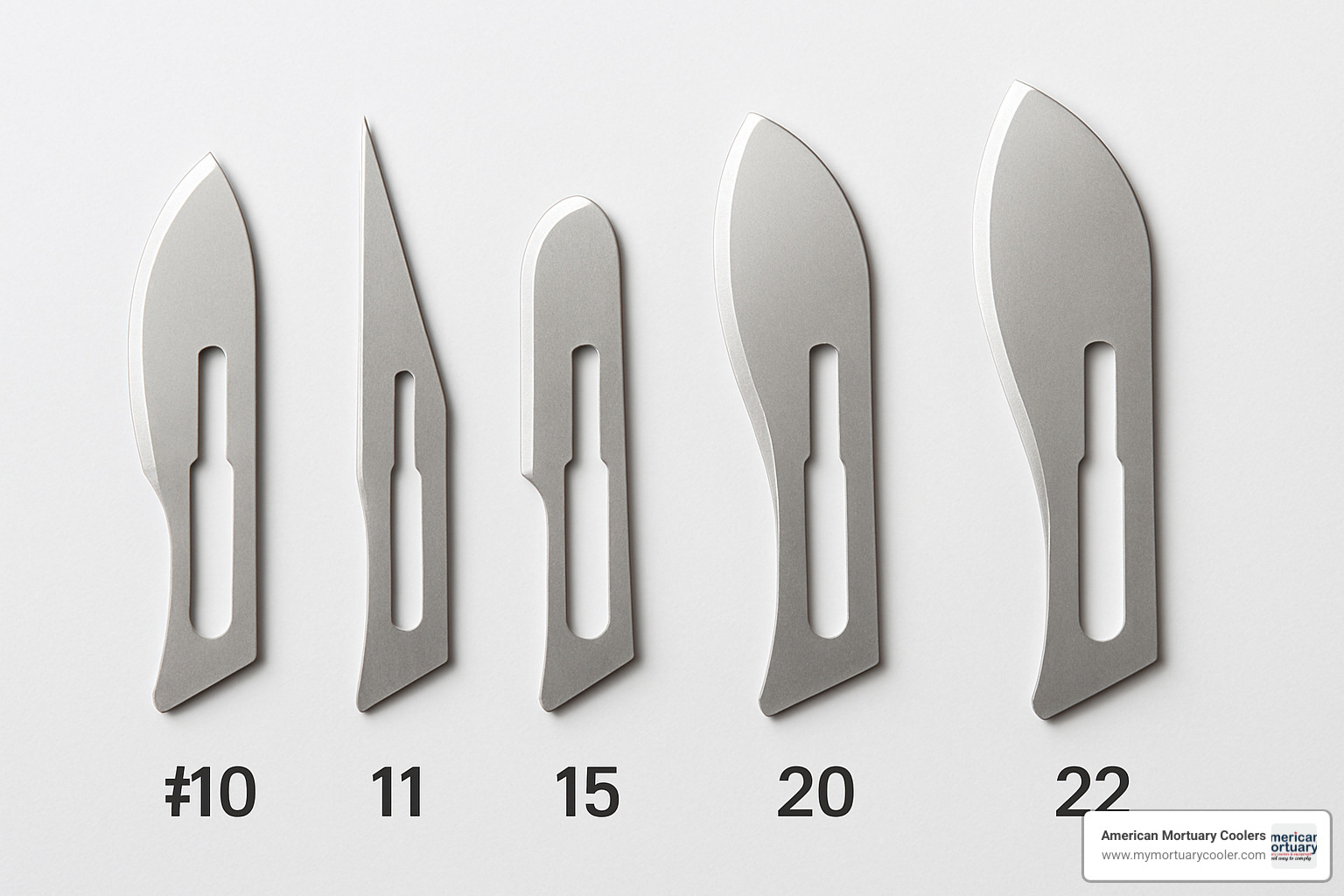 Various types of scalpel blades arranged by size and shape - scapple knife