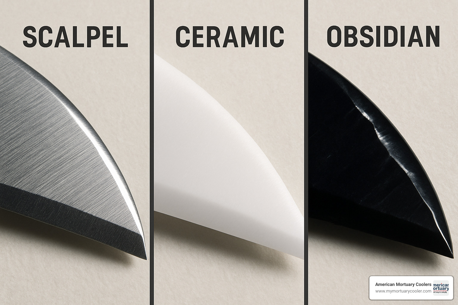 Close-up comparison of different blade materials showing edge geometry - scapple knife