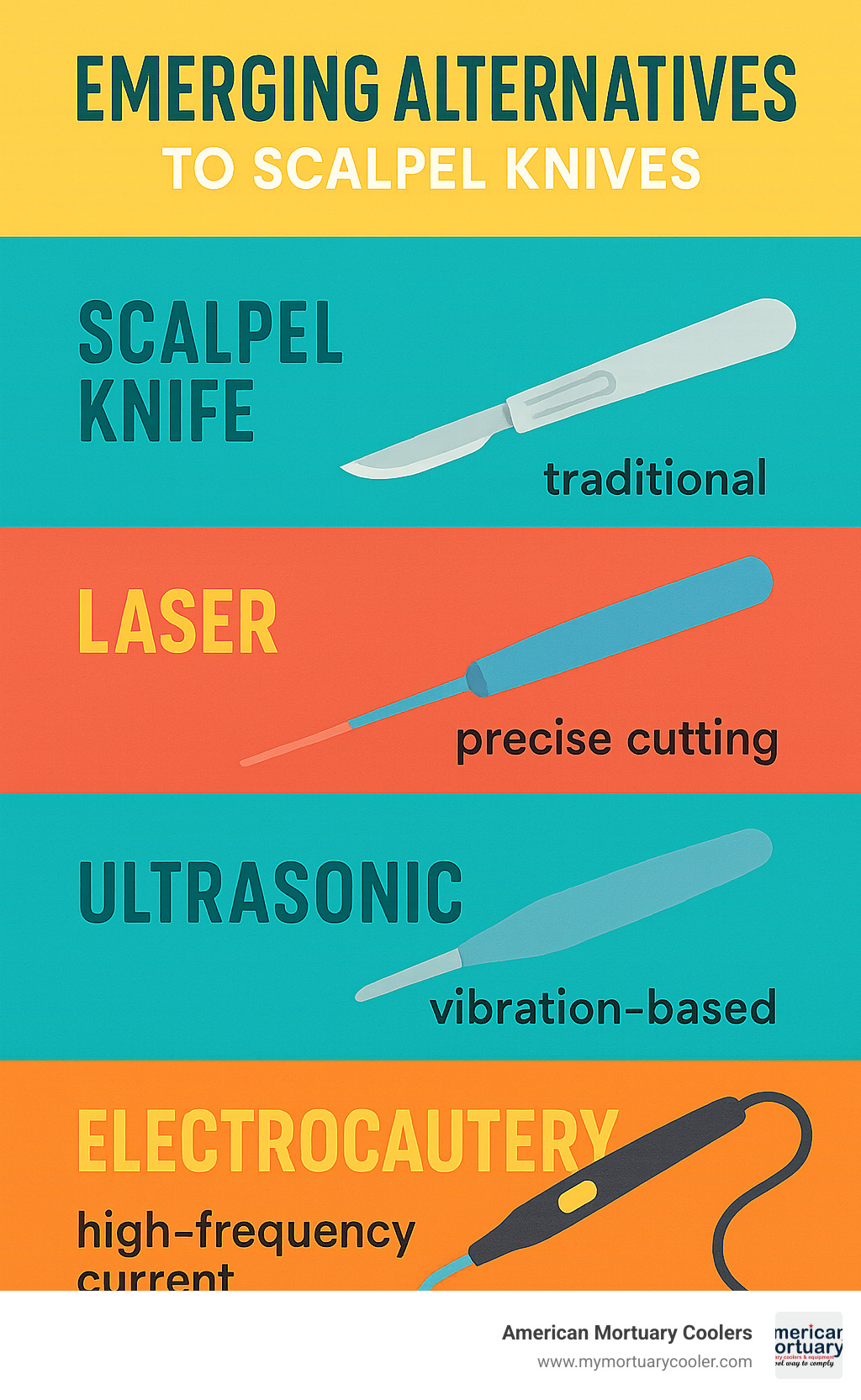 Infographic comparing traditional scalpels with modern alternatives including laser, ultrasonic, and electrocautery options - scapple knife infographic 