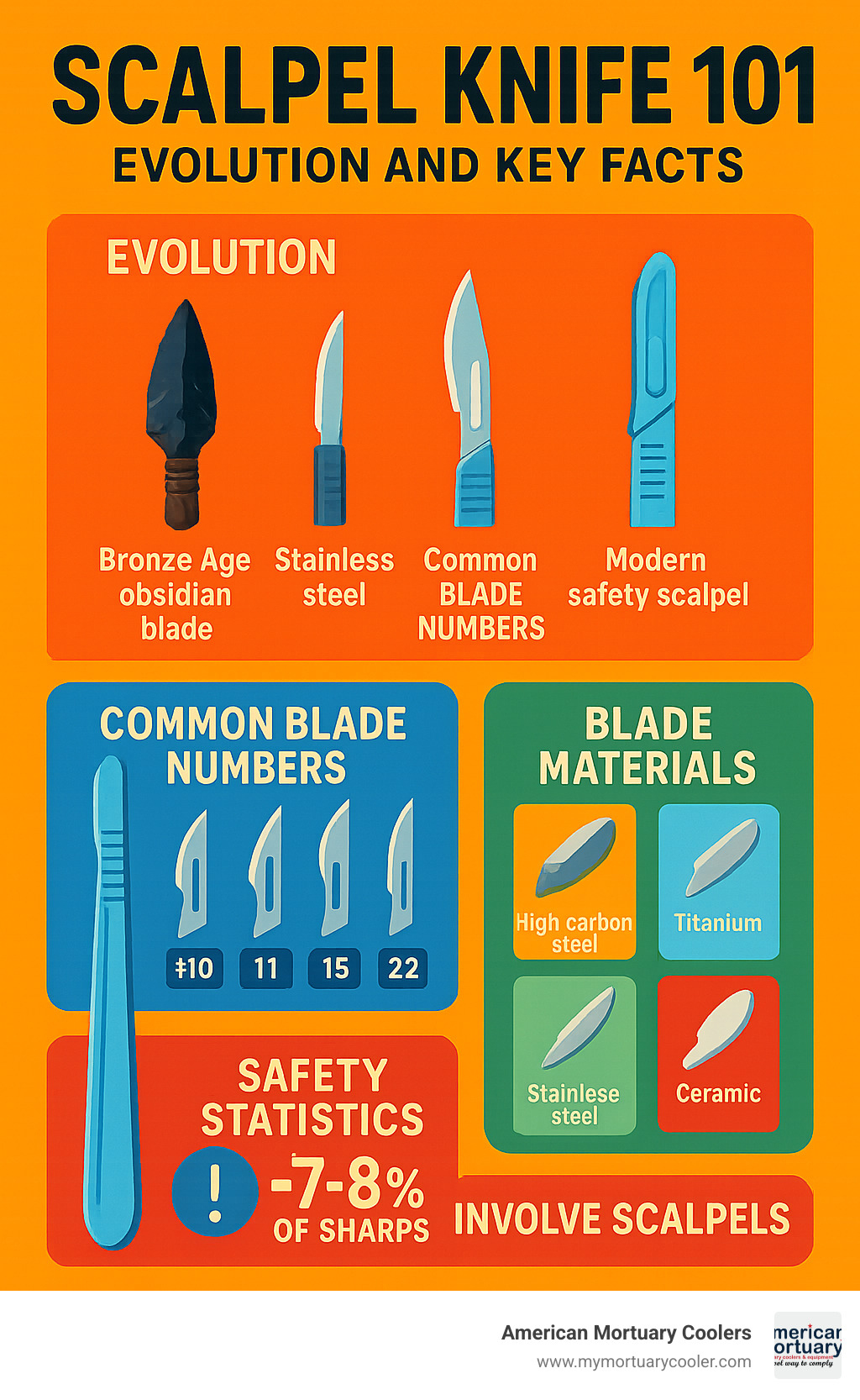 Comprehensive infographic showing scalpel knife evolution from Bronze Age obsidian blades to modern safety scalpels, including blade number chart, material comparisons, and safety statistics - scapple knife infographic 