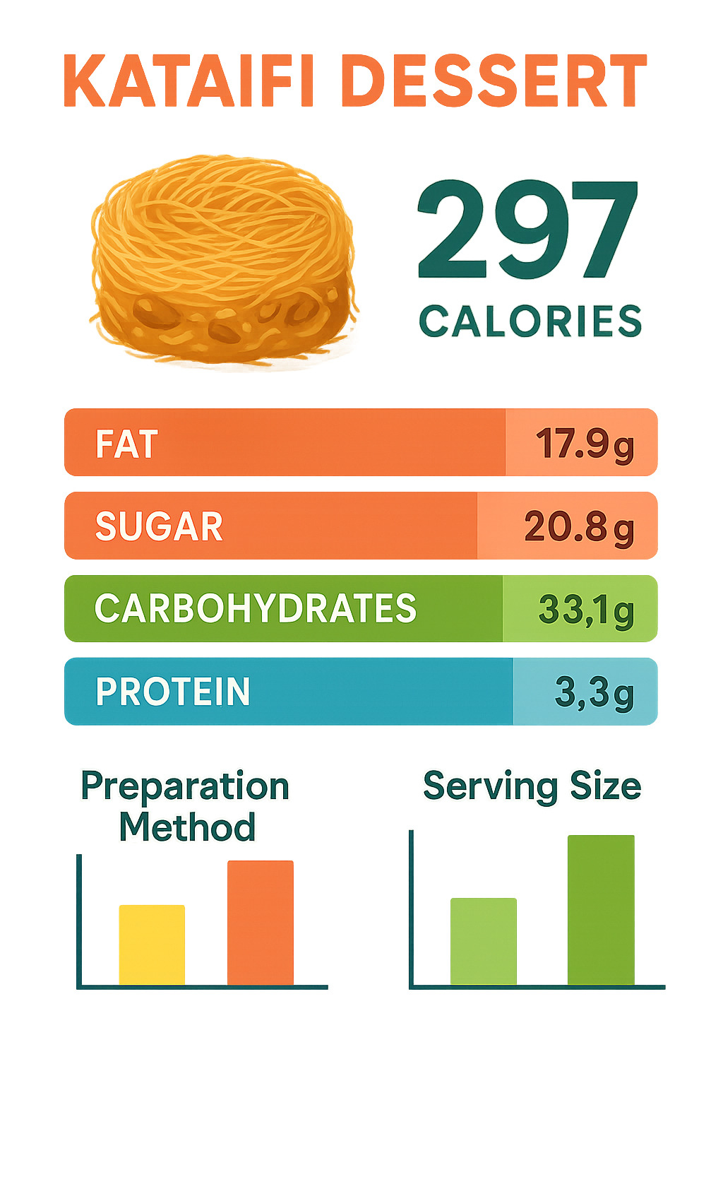 Nutritional breakdown infographic showing kataifi dessert contains 297 calories per serving with 17.9g fat, 20.8g sugar, 33.1g carbohydrates, and 3.3g protein, alongside comparison charts for different preparation methods and portion sizes - kataifi infographic 