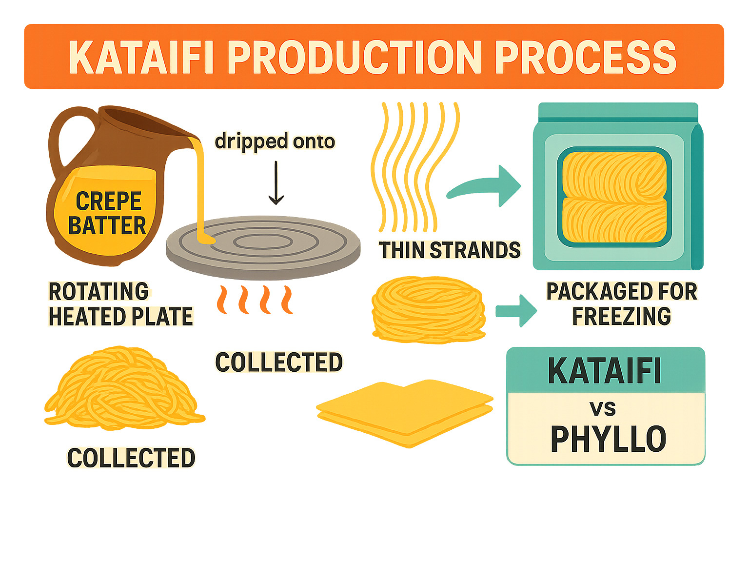 Detailed infographic showing the kataifi production process from crepe batter being dripped onto rotating heated metal plate, forming thin vermicelli-like strands, then being collected and packaged for freezing, with comparison images showing the difference between kataifi's shredded texture versus phyllo's flat sheets - kataifi infographic 