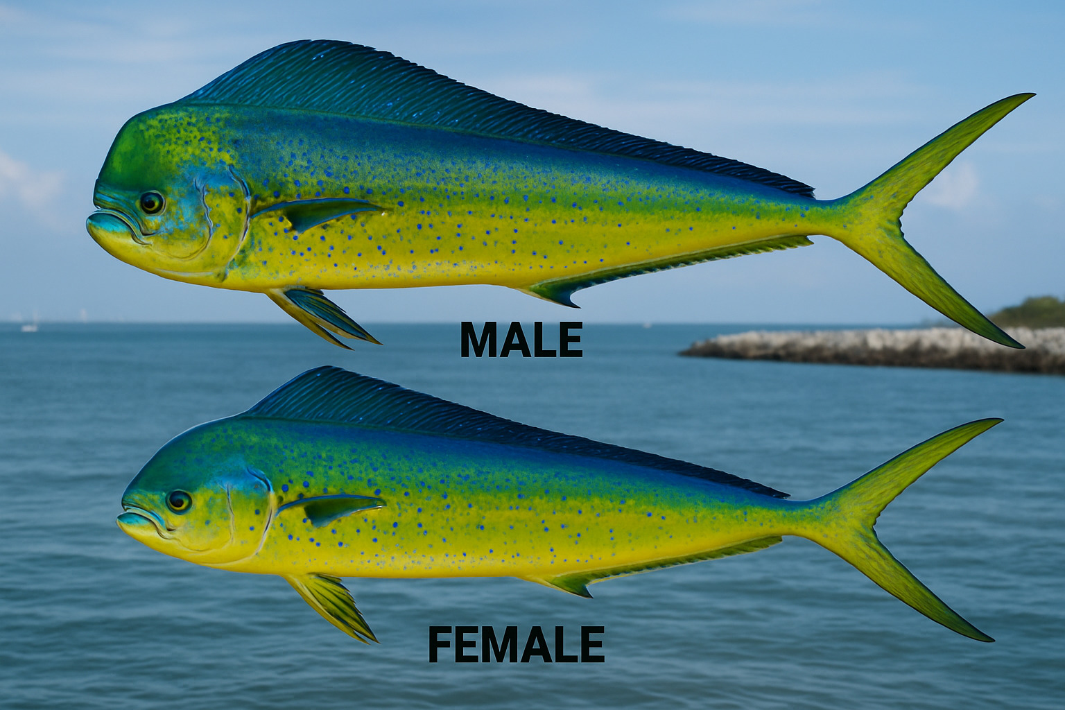 male vs female mahi mahi showing size and physical differences - mahi mahi