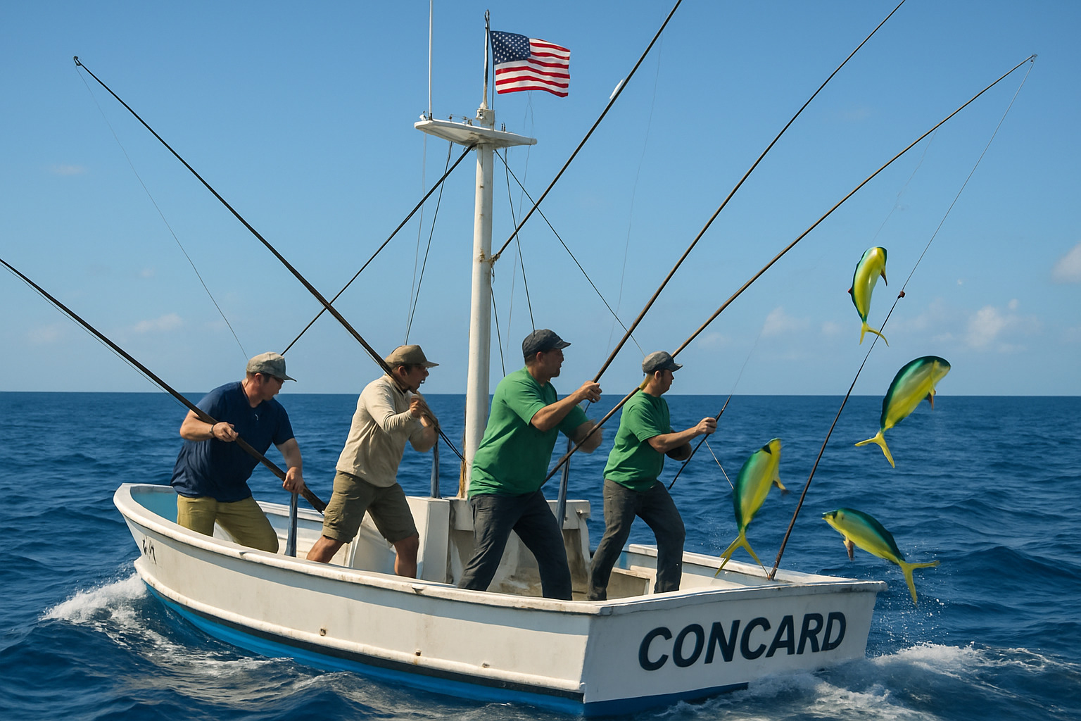 pole-and-line fishing boat catching mahi mahi - mahi mahi