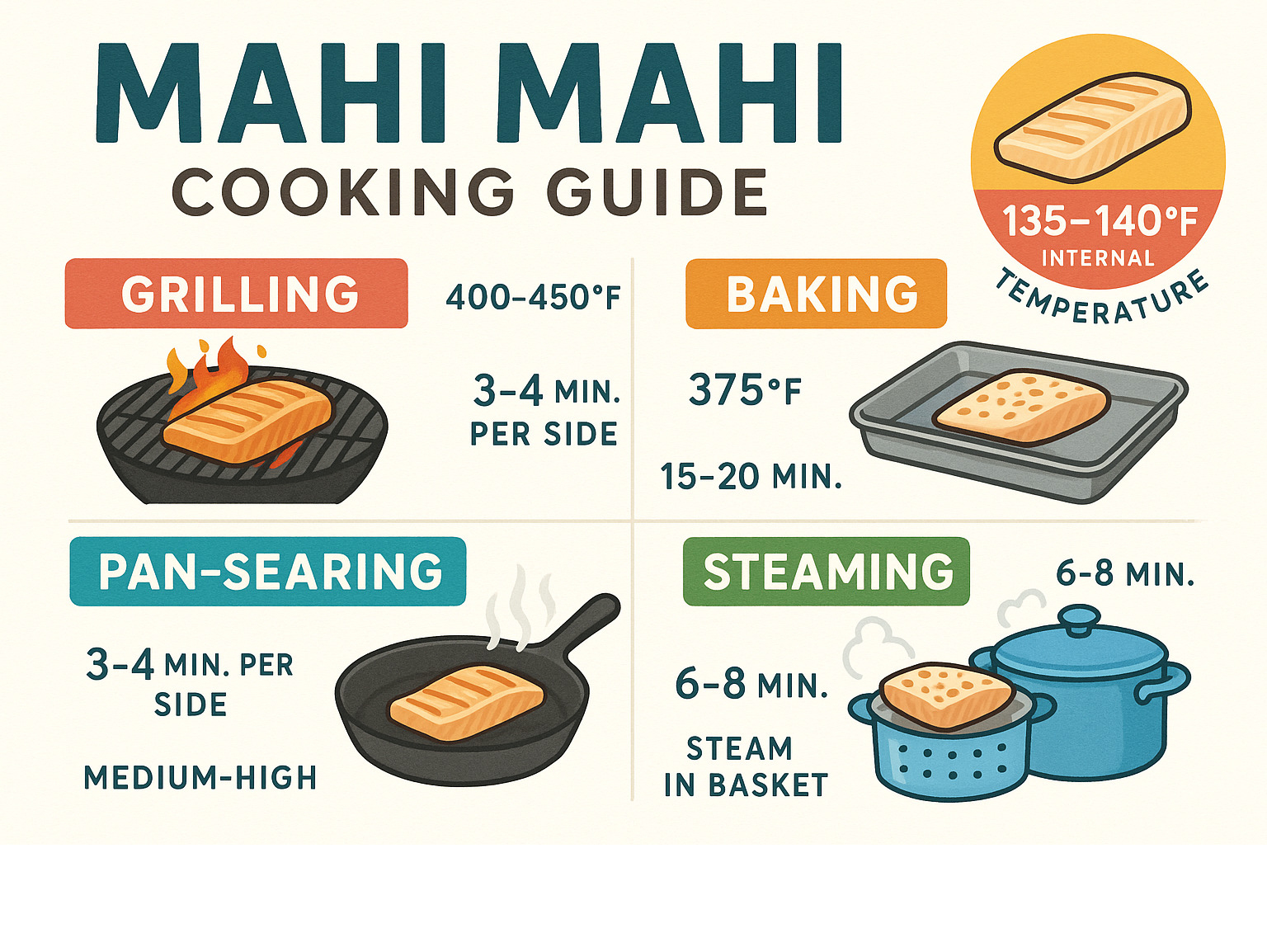 Cooking guide showing optimal temperatures, timing, and techniques for grilling, baking, pan-searing, and steaming mahi mahi, plus internal temperature guidelines - mahi mahi infographic 