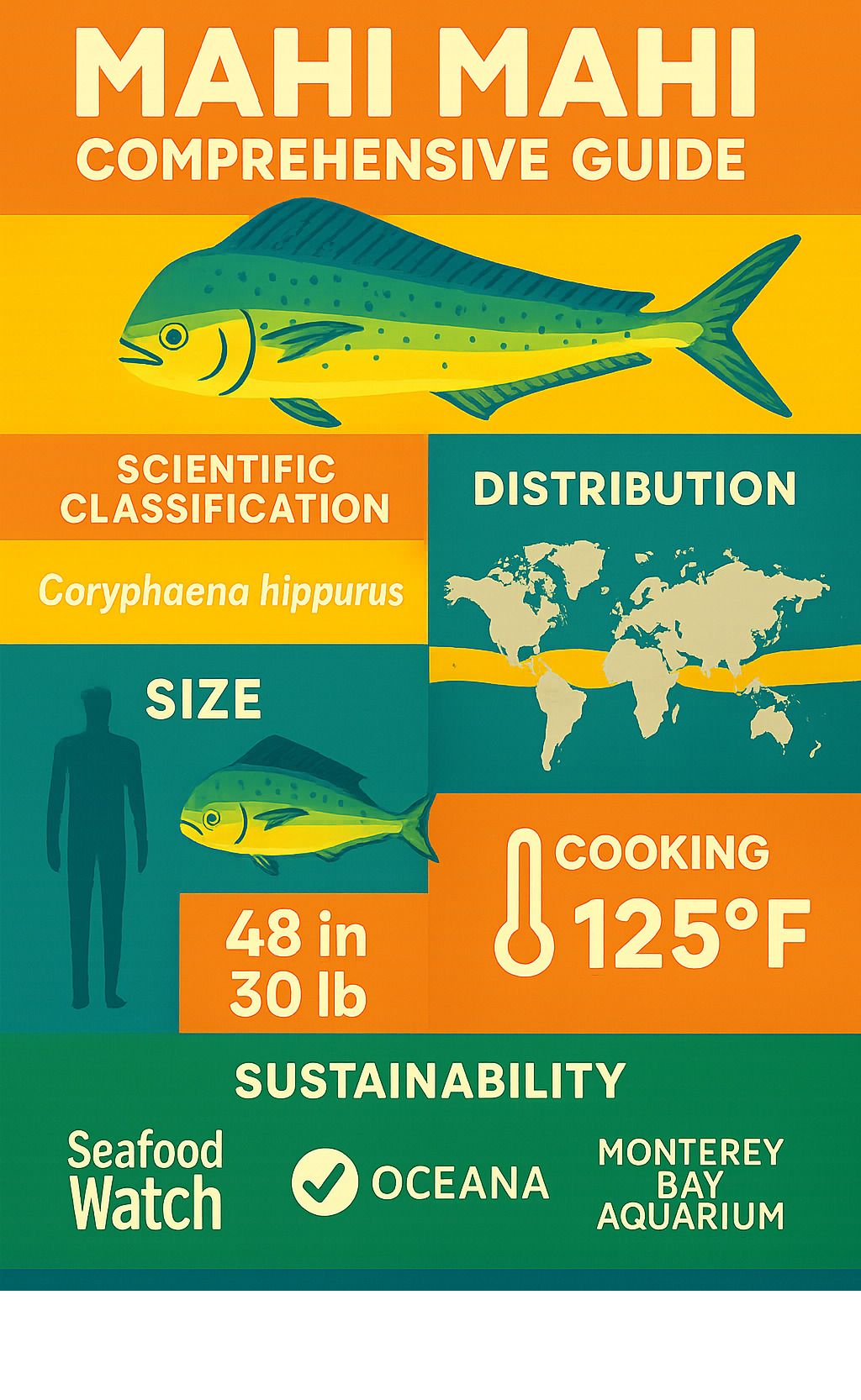 Comprehensive mahi mahi guide showing scientific classification, global distribution map, size comparison chart, cooking temperature guidelines, and sustainability ratings from major seafood watch organizations - mahi mahi infographic 