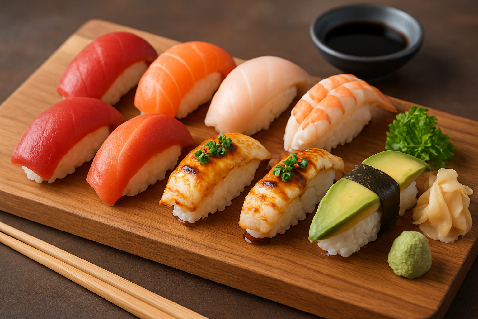 assorted traditional and modern nigiri pieces showcasing variety -  nigiri