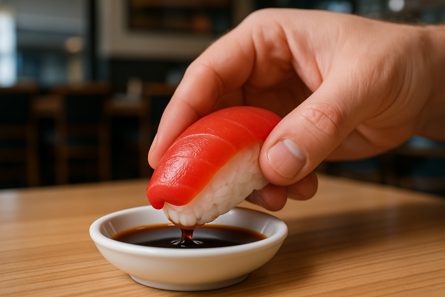 demonstrating correct soy-sauce dip technique with fish-side down -  nigiri