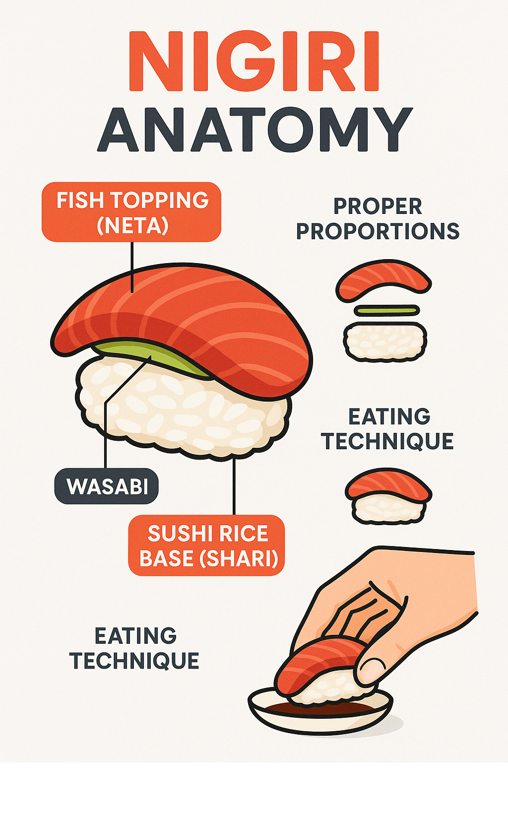 Detailed infographic showing nigiri anatomy with labeled components: sushi rice base (shari), fish topping (neta), wasabi layer, proper proportions, and eating technique demonstration -  nigiri infographic 