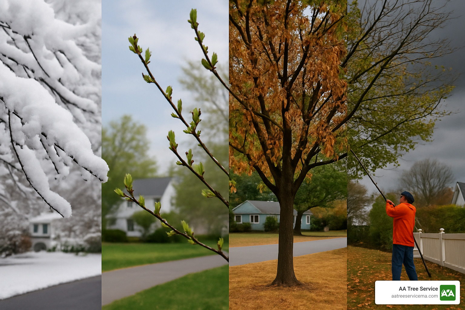 Seasonal montage showing snow-laden branches, spring buds, summer drought conditions, and autumn storm preparation - Newton Ma Tree Company